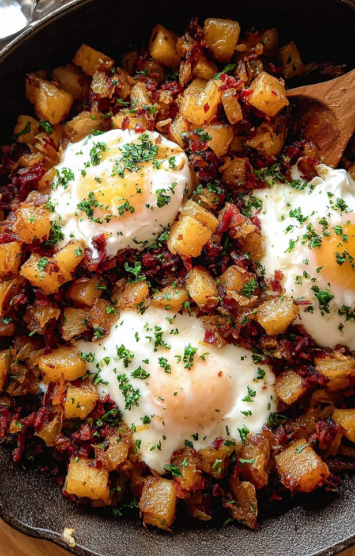 Savory corned beef hash in a skillet, topped with three perfectly poached eggs and sprinkled with chopped herbs.