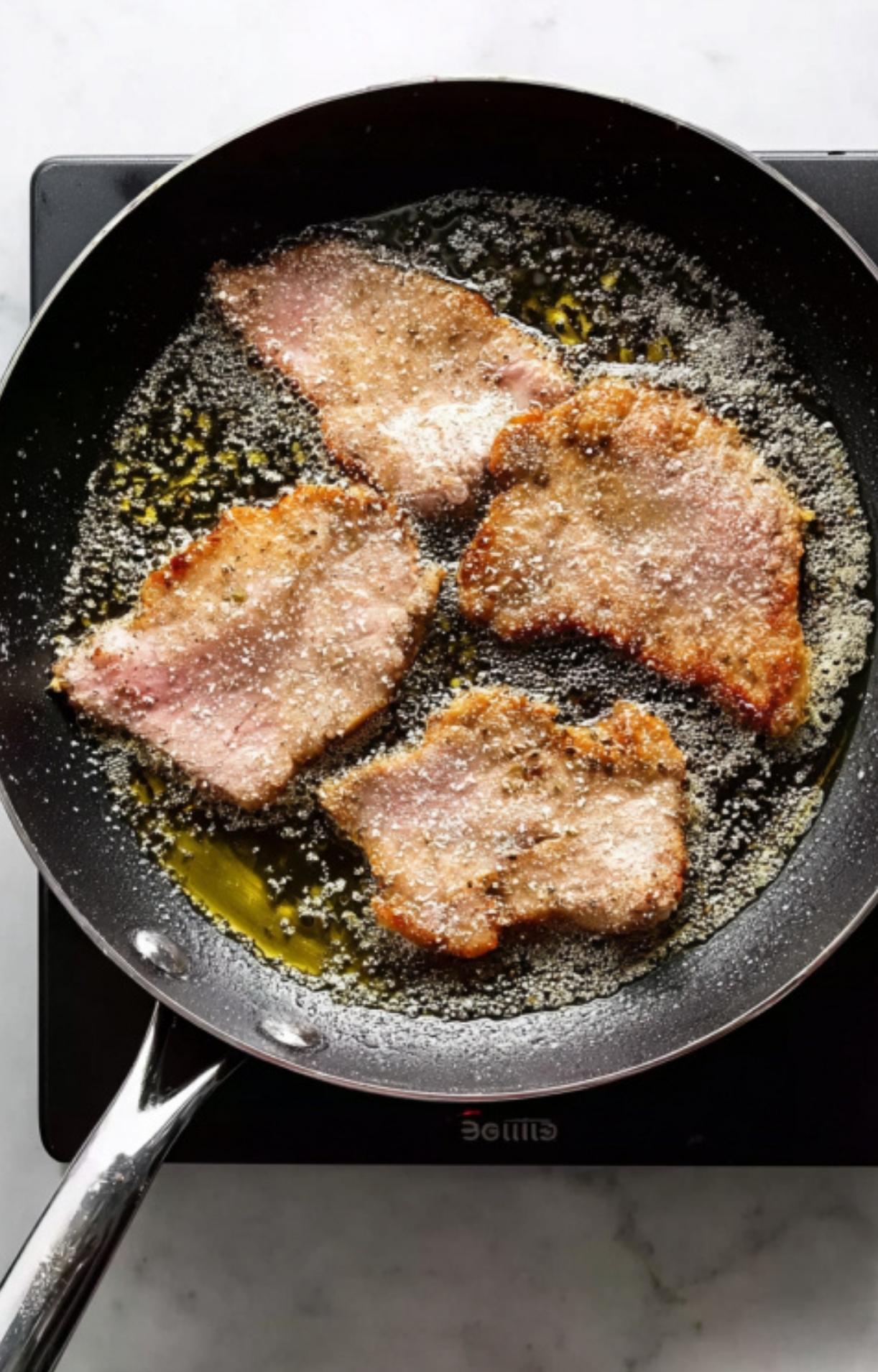 Veal cutlets frying in a skillet with sizzling butter and oil. Classic step for Italian veal scallopini piccata with a golden crust.