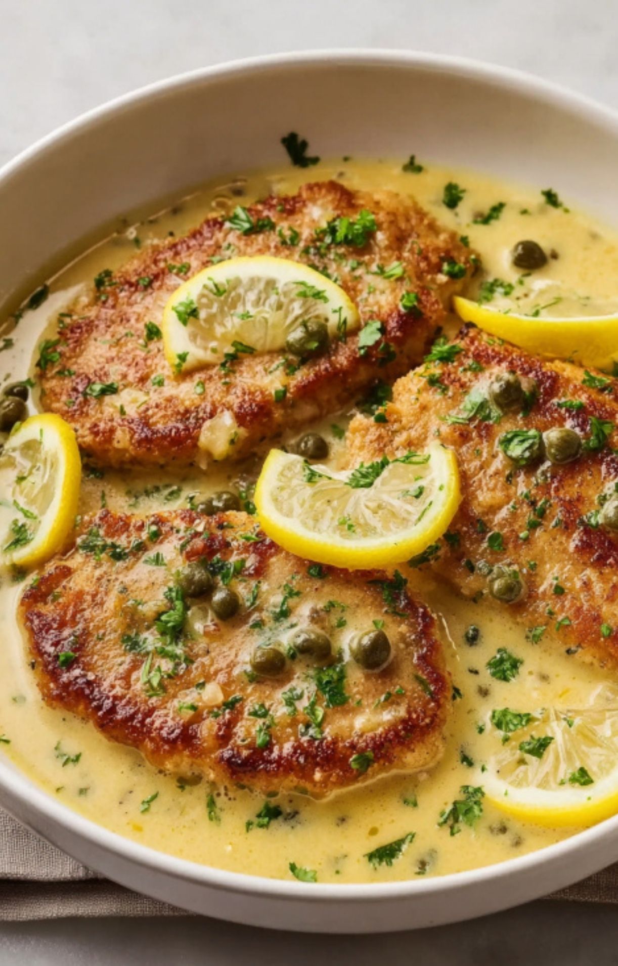 A white bowl containing the completed Baked Veal Scallopini Recipe garnished with fresh herbs.