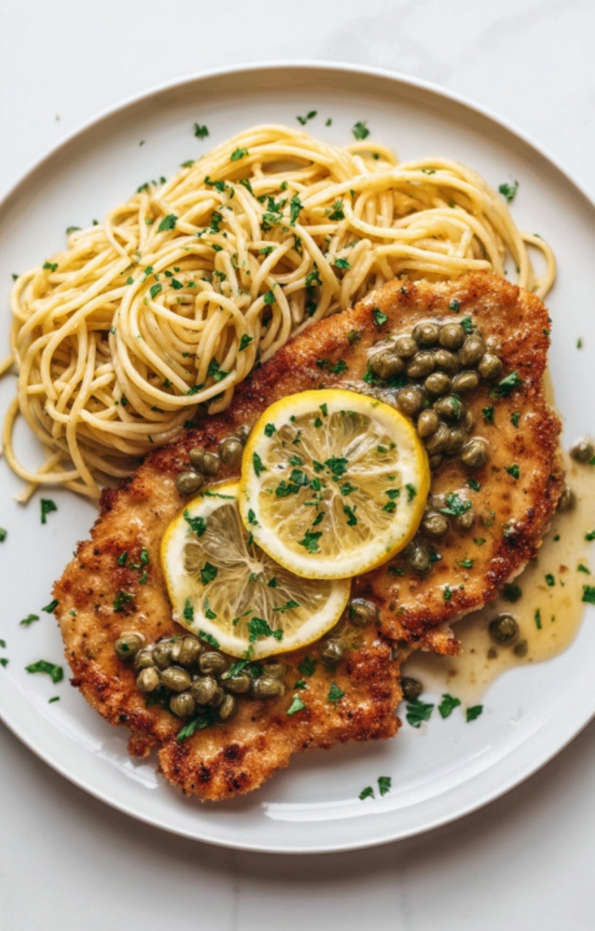 Veal cutlet sprinkled with salt and pepper, sitting on a plate of flour for dredging. Essential prep step for veal piccata in white wine sauce, a quick and flavorful Italian skillet dinner.
