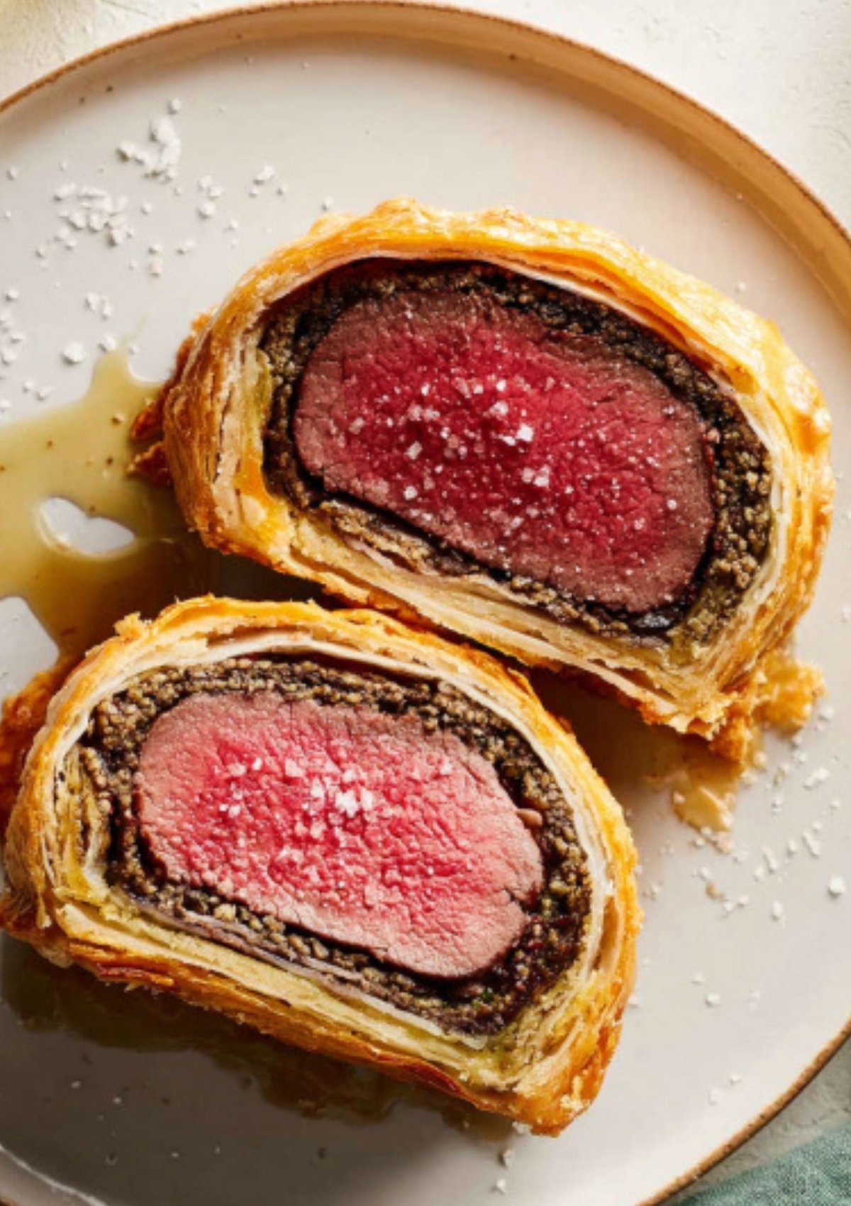 Two thick slices of beef Wellington puff pastry on a plate, showcasing flaky crust and tender beef, perfect for Christmas, New Year’s, and gourmet entertaining.