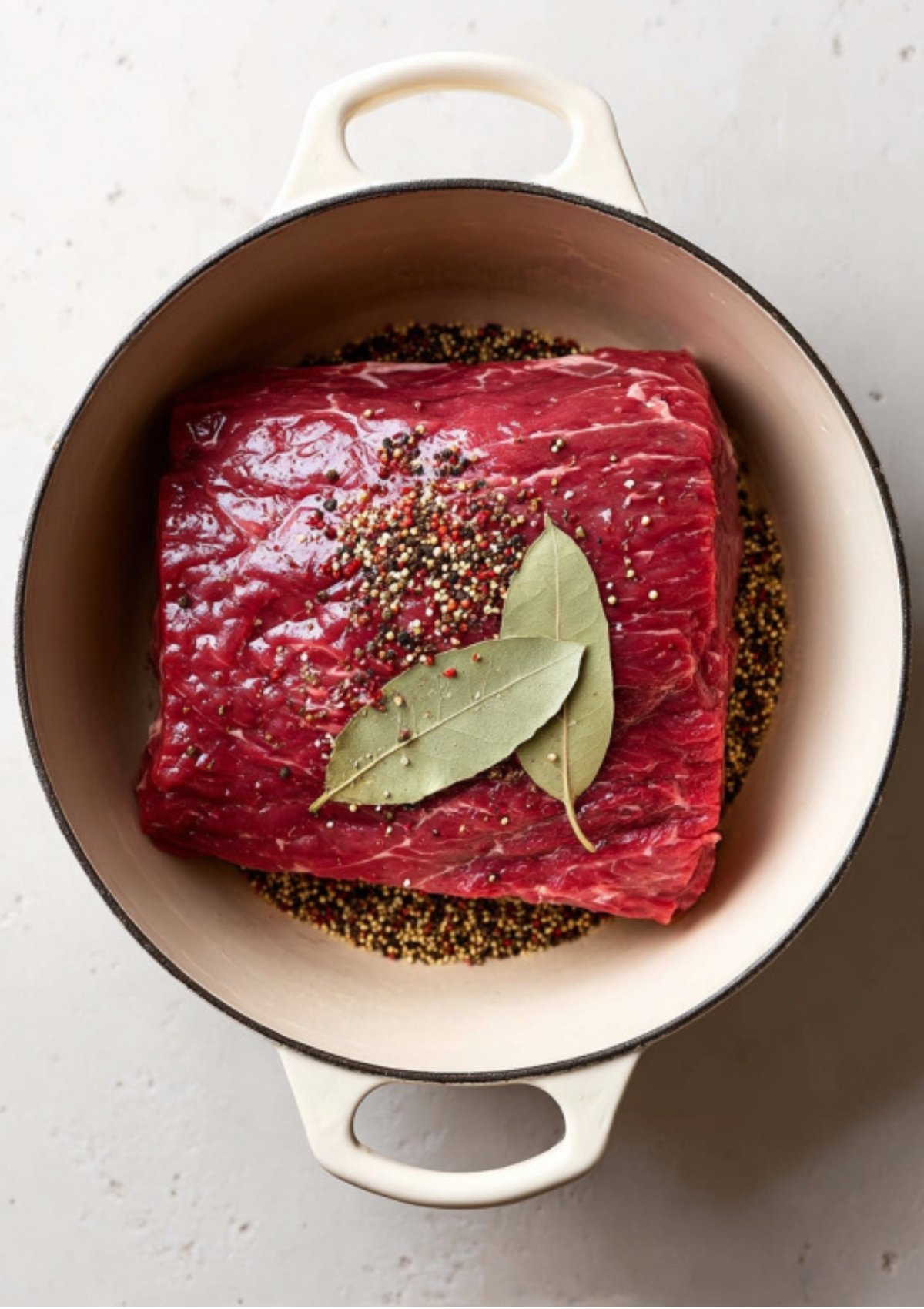 Uncooked corned beef brisket with spice packet and bay leaves in a Dutch oven, ready to cook for Irish corned beef and cabbage.