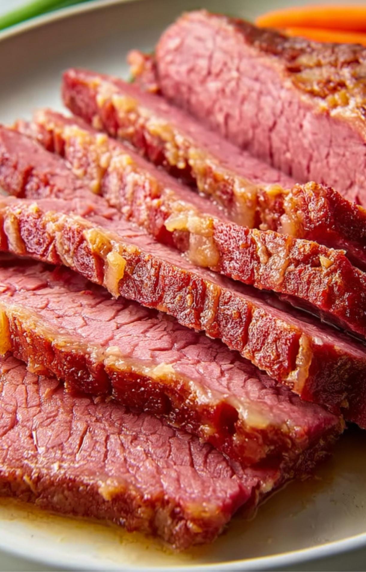 Closeup of juicy slices of Guinness braised corned beef on plate, perfect for holiday meals