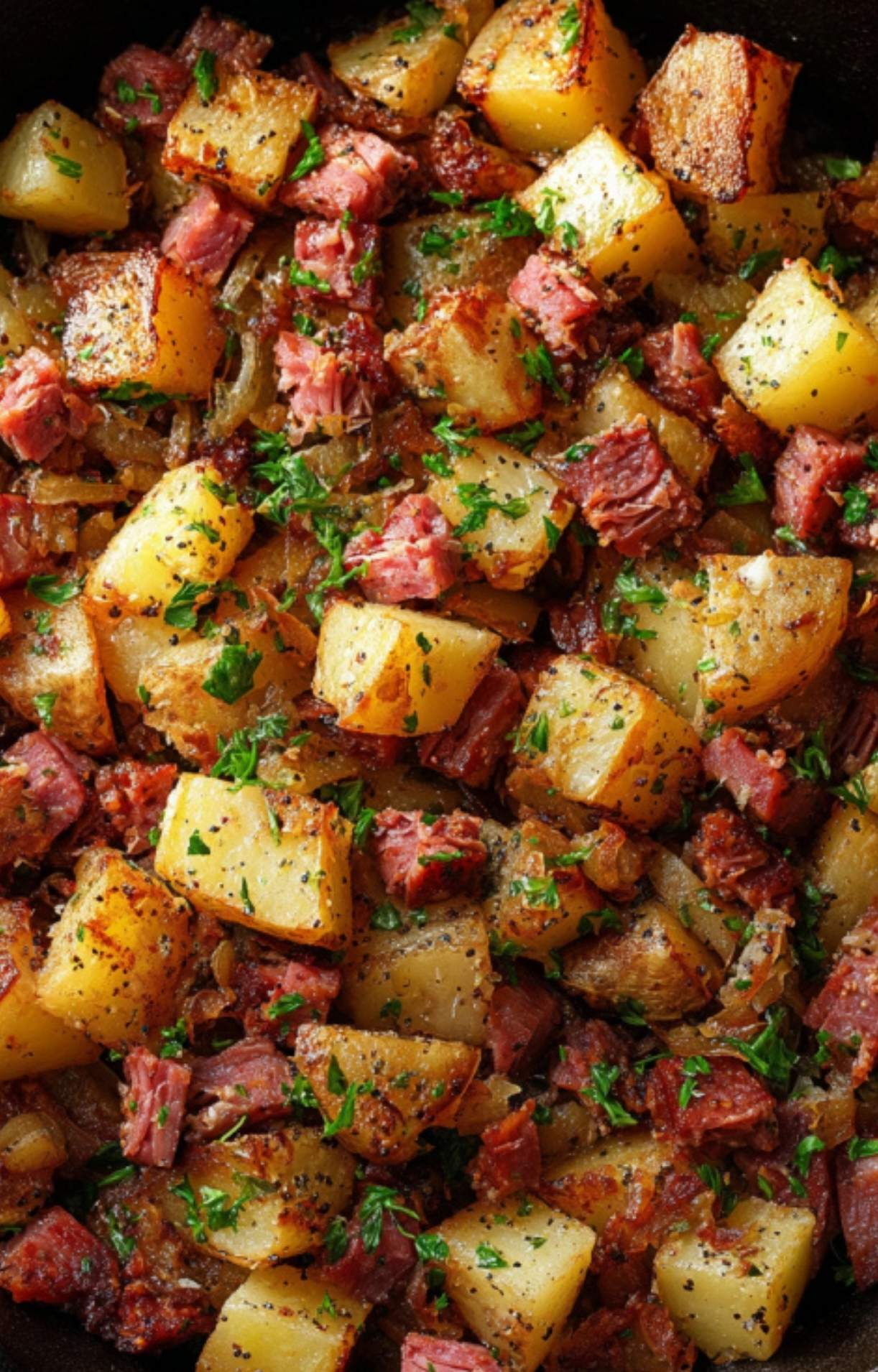 Hearty corned beef hash with potatoes and onions, garnished with chopped fresh parsley in a skillet for a flavorful breakfast.