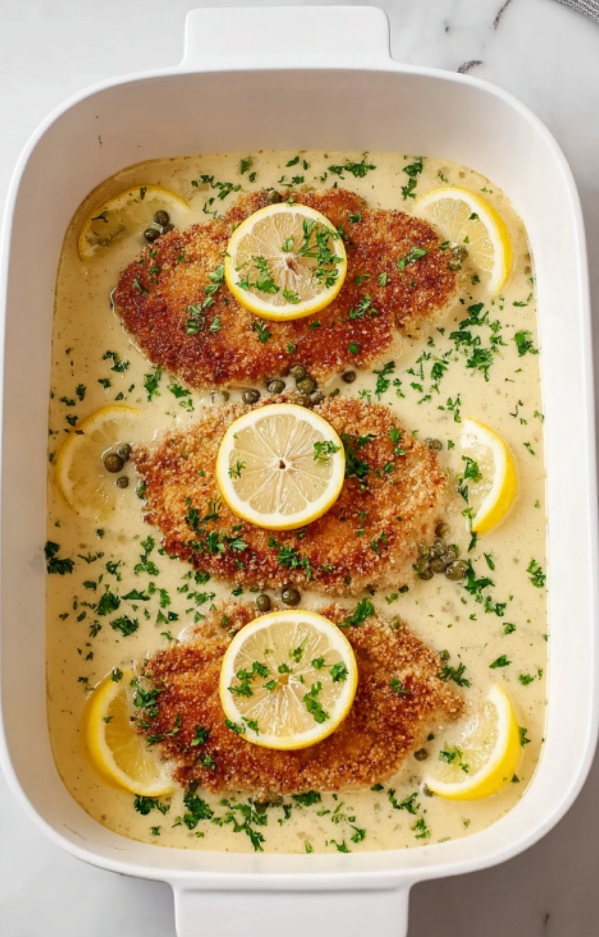 Breaded veal cutlets arranged in a white baking pan submerged in a lemon caper sauce with lemon rounds.