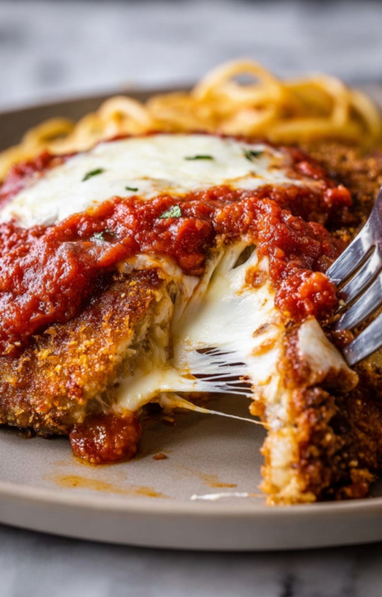 Fork cutting into hot veal Parmesan with gooey melted cheese and a side of spaghetti pasta