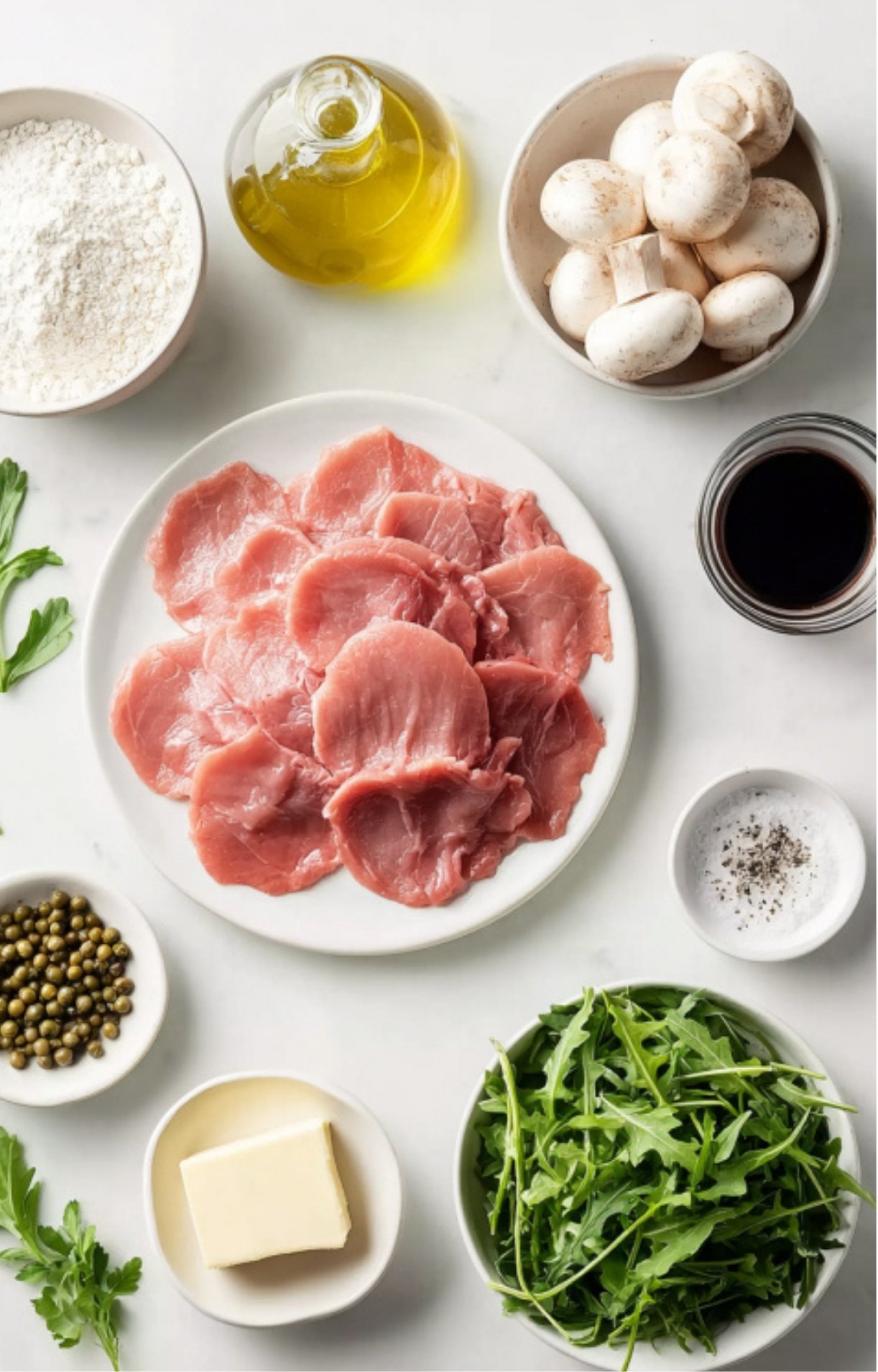 Ingredients for veal scallopini: raw veal cutlets, mushrooms, arugula, butter, olive oil, flour, white wine, capers, and fresh parsley. All laid out on a white background.