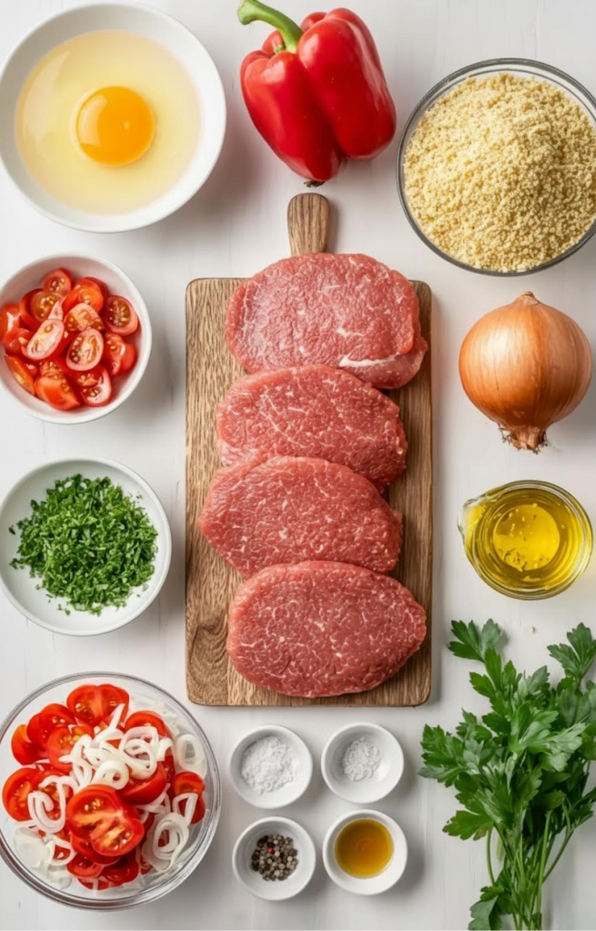 Fresh ingredients for Italian veal scallopini with tomato sauce, including veal cutlets, red bell pepper, egg, breadcrumbs, onion, olive oil, tomatoes, parsley, and seasonings arranged on a white background.