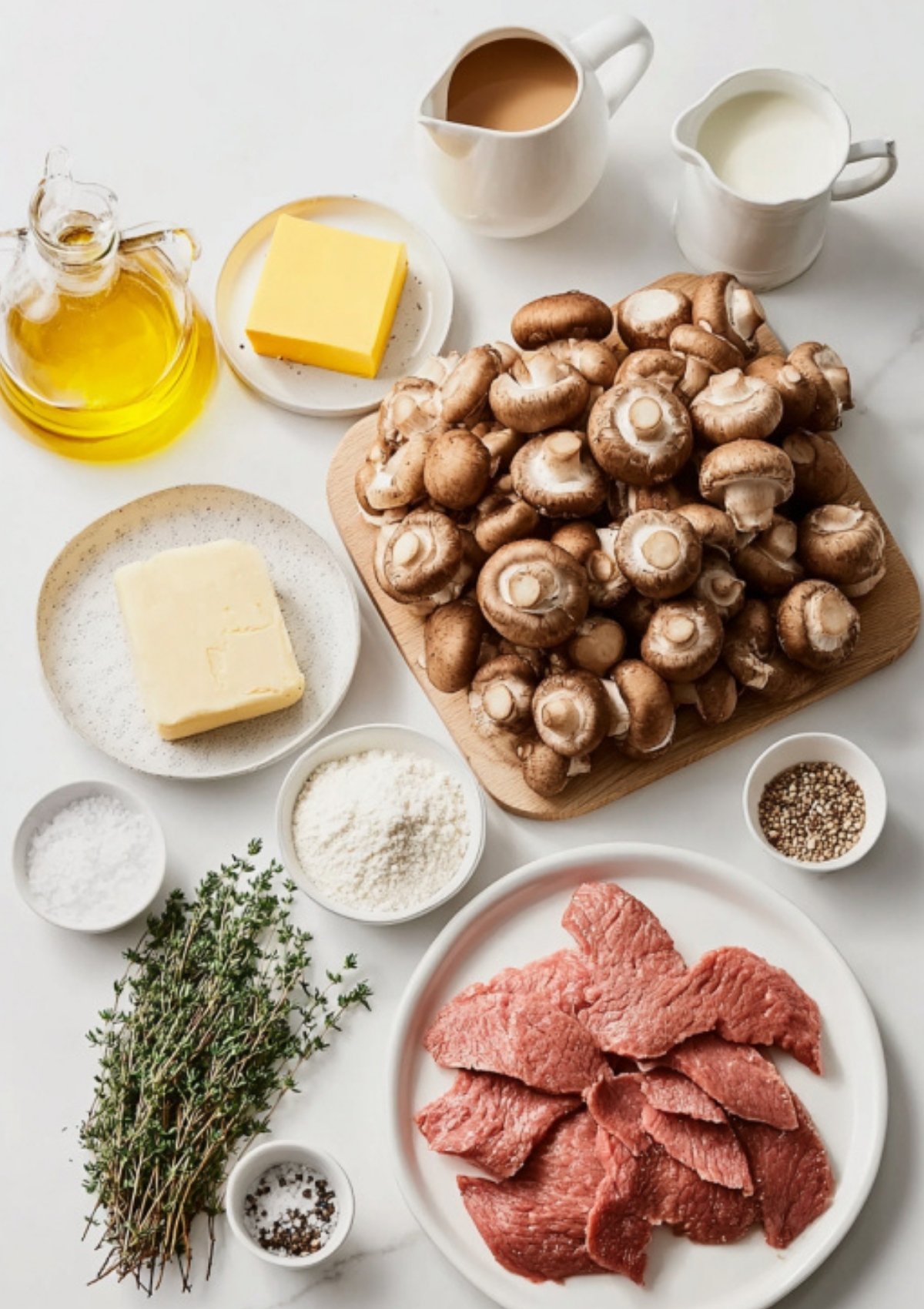 Overhead view of ingredients: raw veal cutlets, fresh mushrooms, herbs, butter, oil, cream, and seasonings on a white countertop.