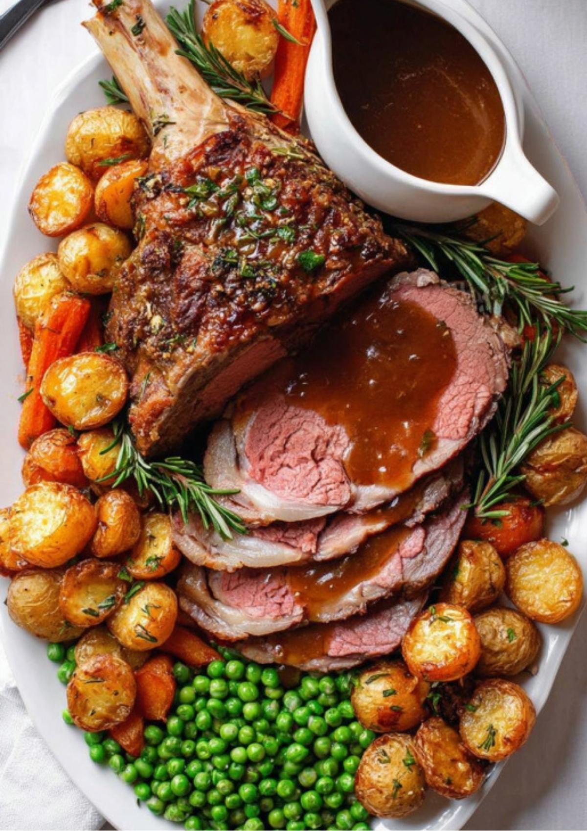 Roast leg of lamb served with gravy, roast potatoes, peas, and carrots on a platter