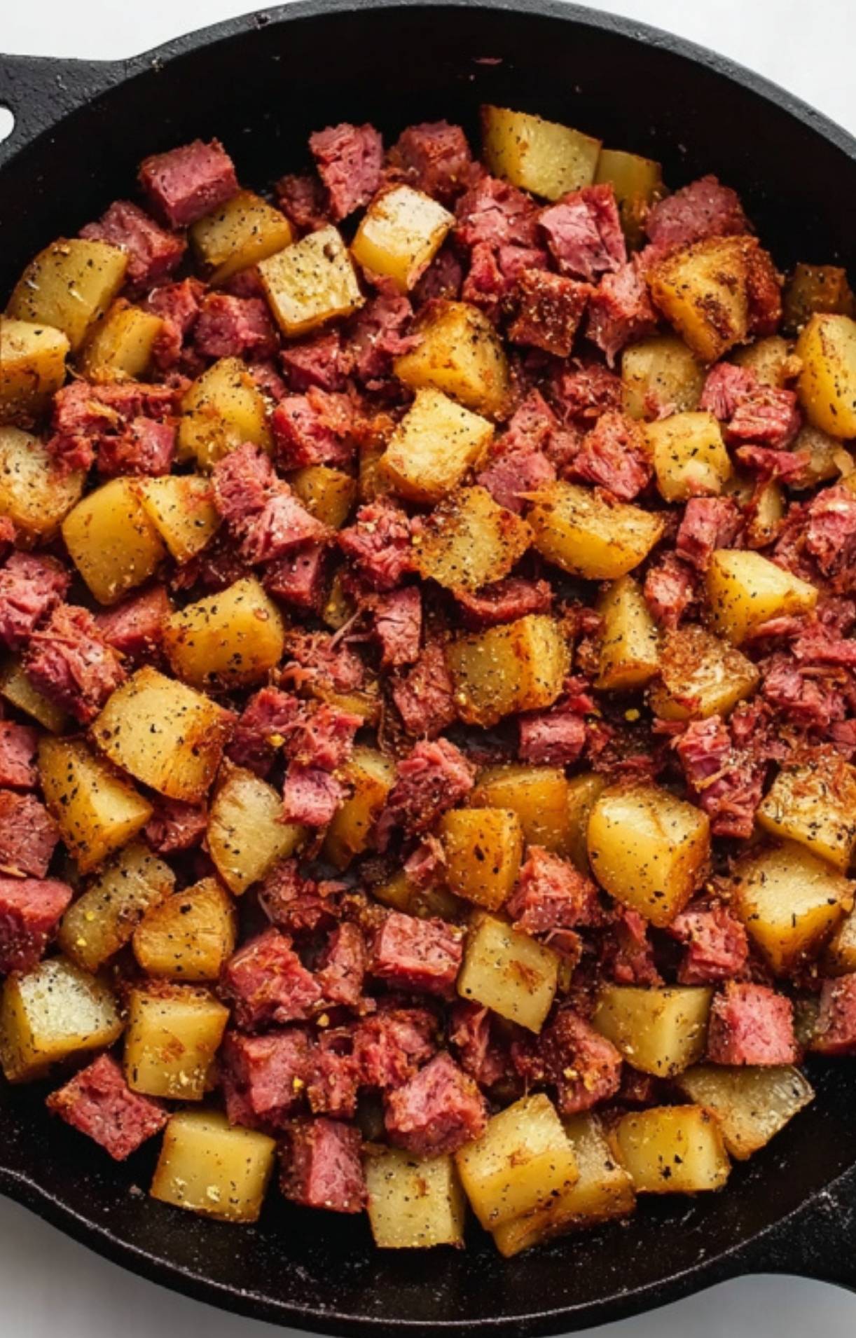 Close-up of crispy corned beef hash with diced potatoes and corned beef, cooked golden brown in a cast iron skillet.