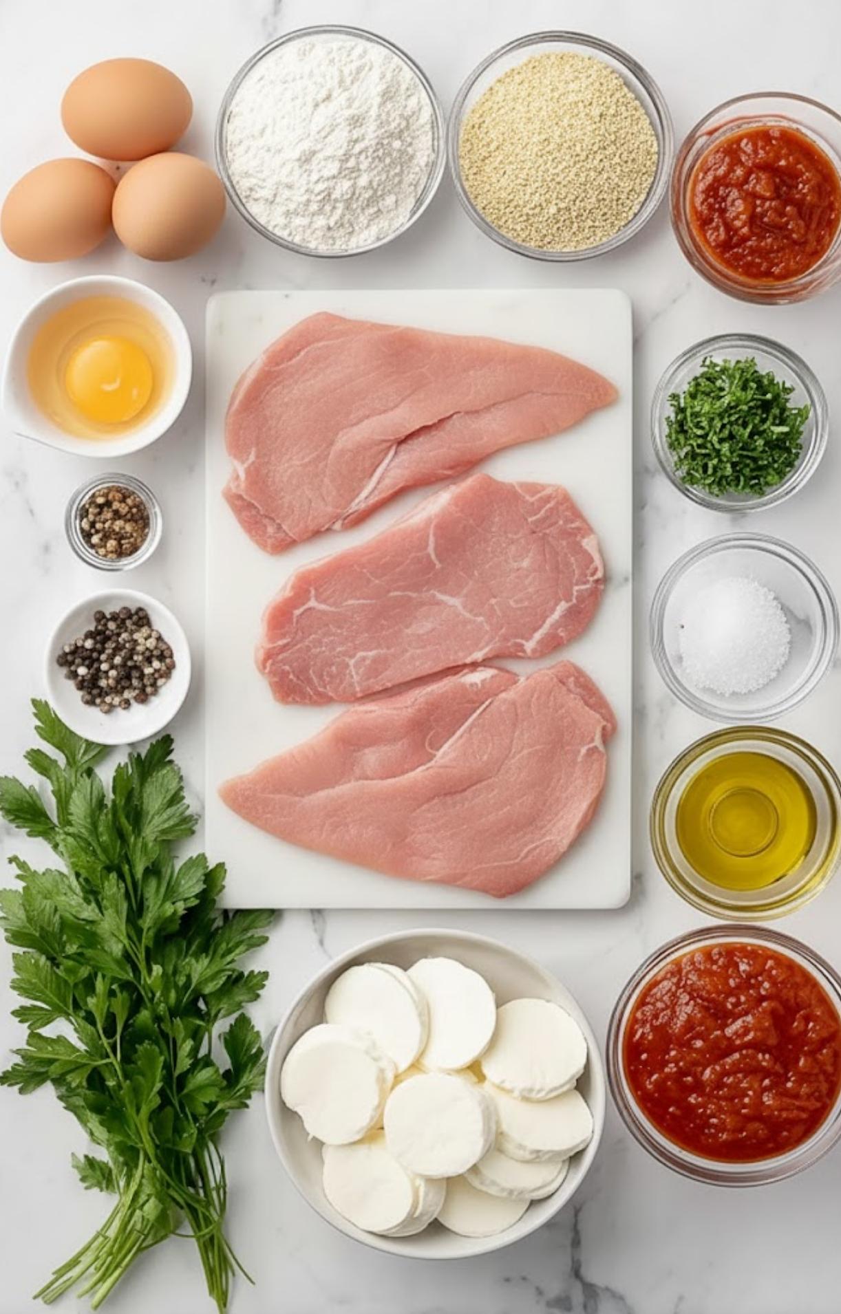 Ingredients for veal Parmesan including veal cutlets, cheese, eggs, flour, breadcrumbs, and herbs