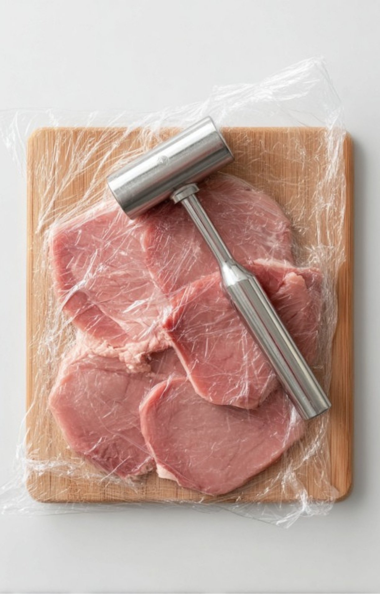 Raw veal cutlets on a wooden cutting board covered with plastic wrap, being tenderized with a metal meat mallet for Italian scallopini.