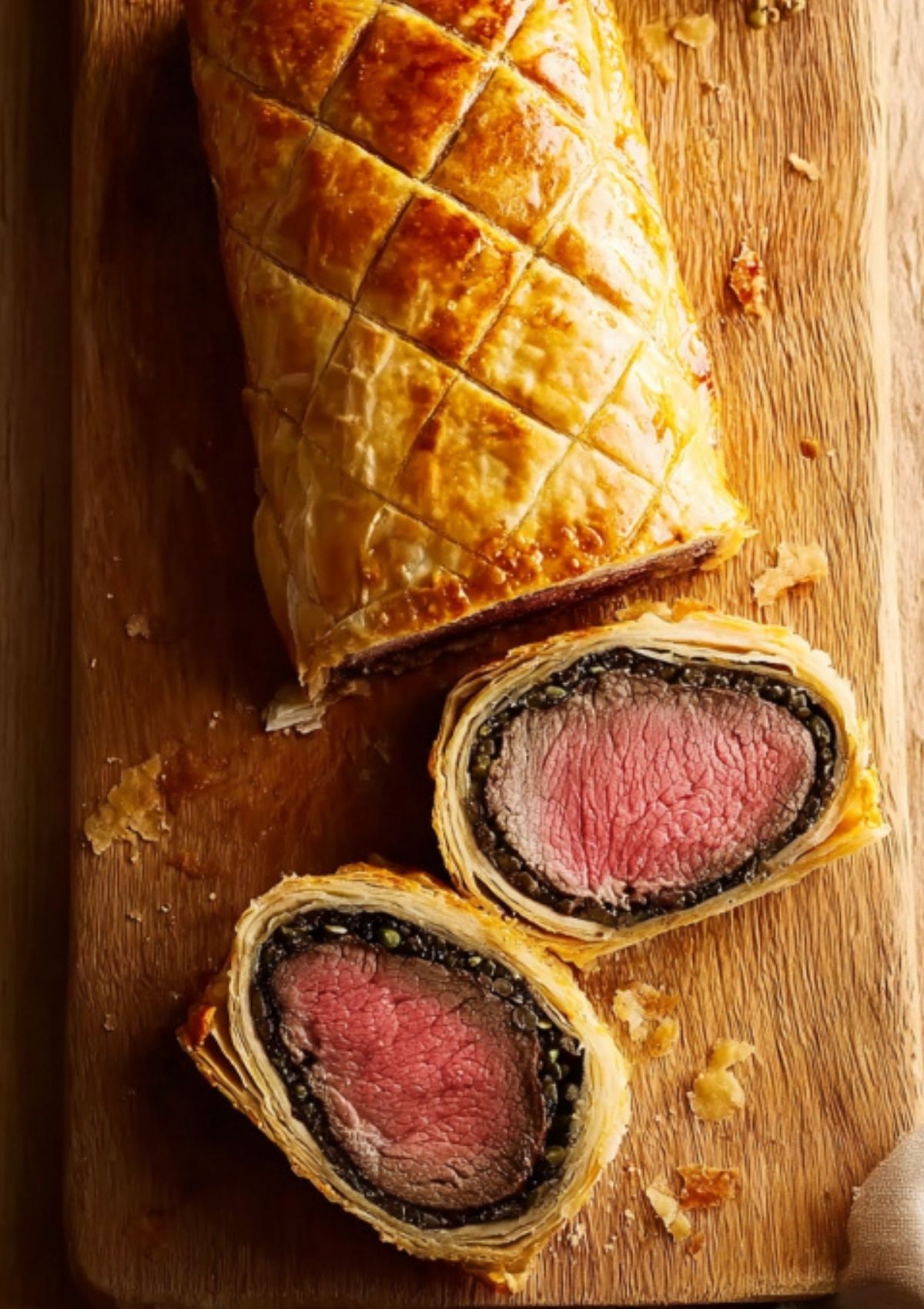 Golden beef Wellington puff pastry sliced open to reveal juicy pink beef, a showstopping centerpiece for festive gatherings, holiday meals, and special occasions.