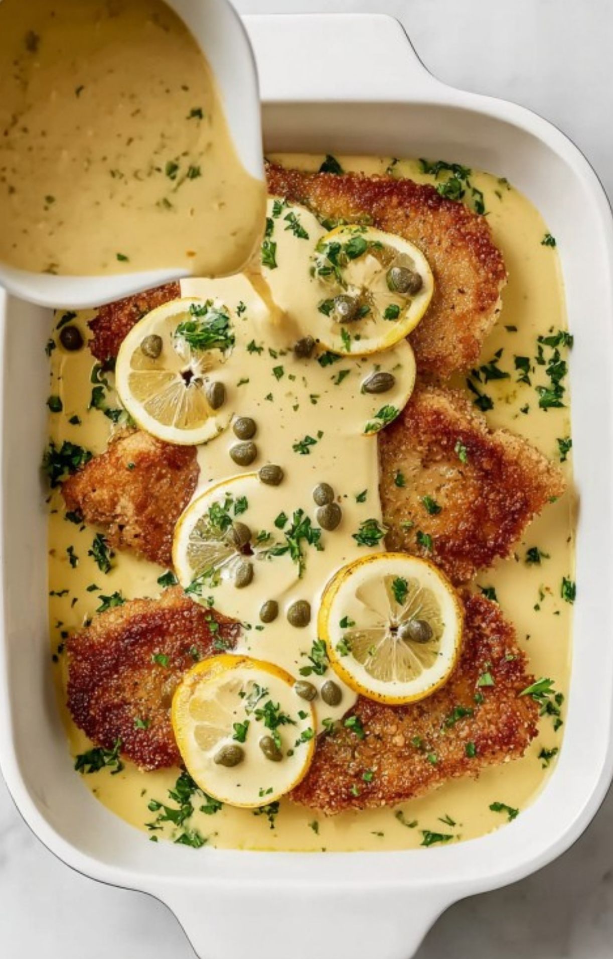 A creamy lemon and caper sauce being poured from a white pitcher over seared veal in a baking dish.