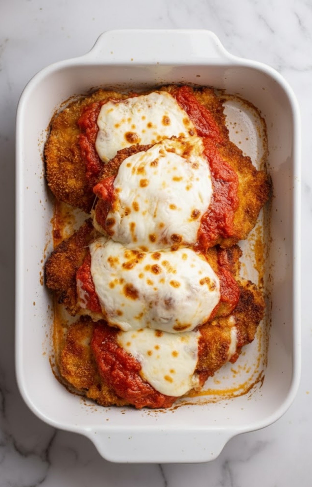 Golden baked veal Parmesan with bubbly mozzarella cheese and marinara sauce fresh from the oven