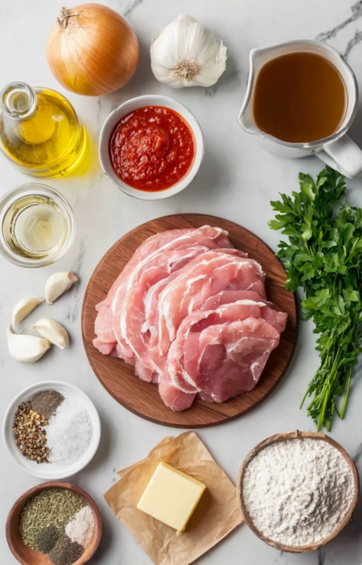 Raw veal cutlets, onion, garlic, tomato sauce, olive oil, broth, butter, flour, and herbs arranged on a white countertop. Everything you need for a homemade Italian dinner.