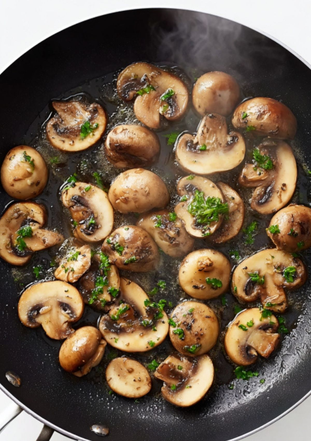 Sliced cremini mushrooms cooking in olive oil with fresh parsley in a black skillet.