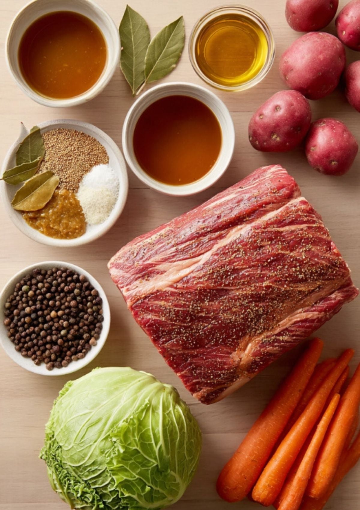 Overhead view of raw corned beef, whole cabbage, carrots, potatoes, bay leaves, peppercorns, and broth ingredients for a traditional Irish meal.