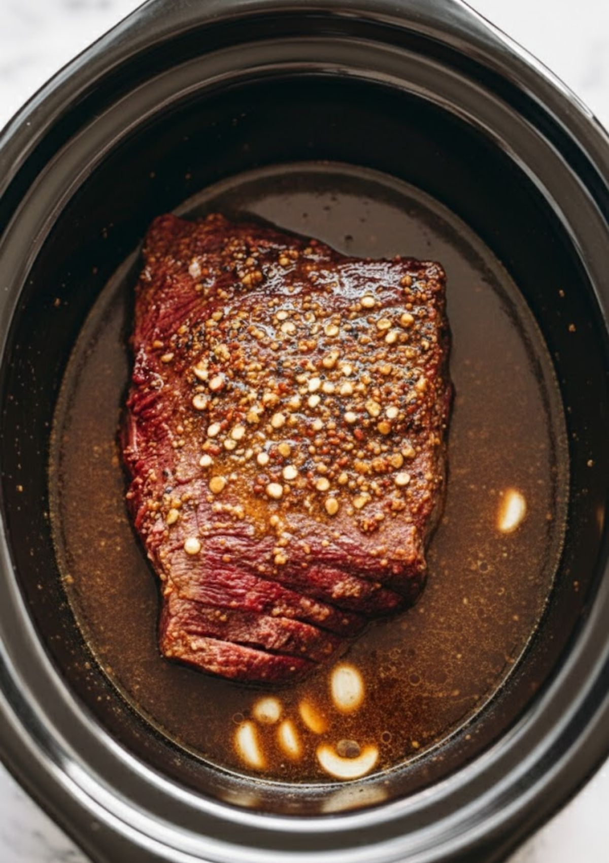 Corned beef brisket simmering in flavorful broth inside a slow cooker. Simple, hands-off method for juicy beef, great for meal prep and special occasions.