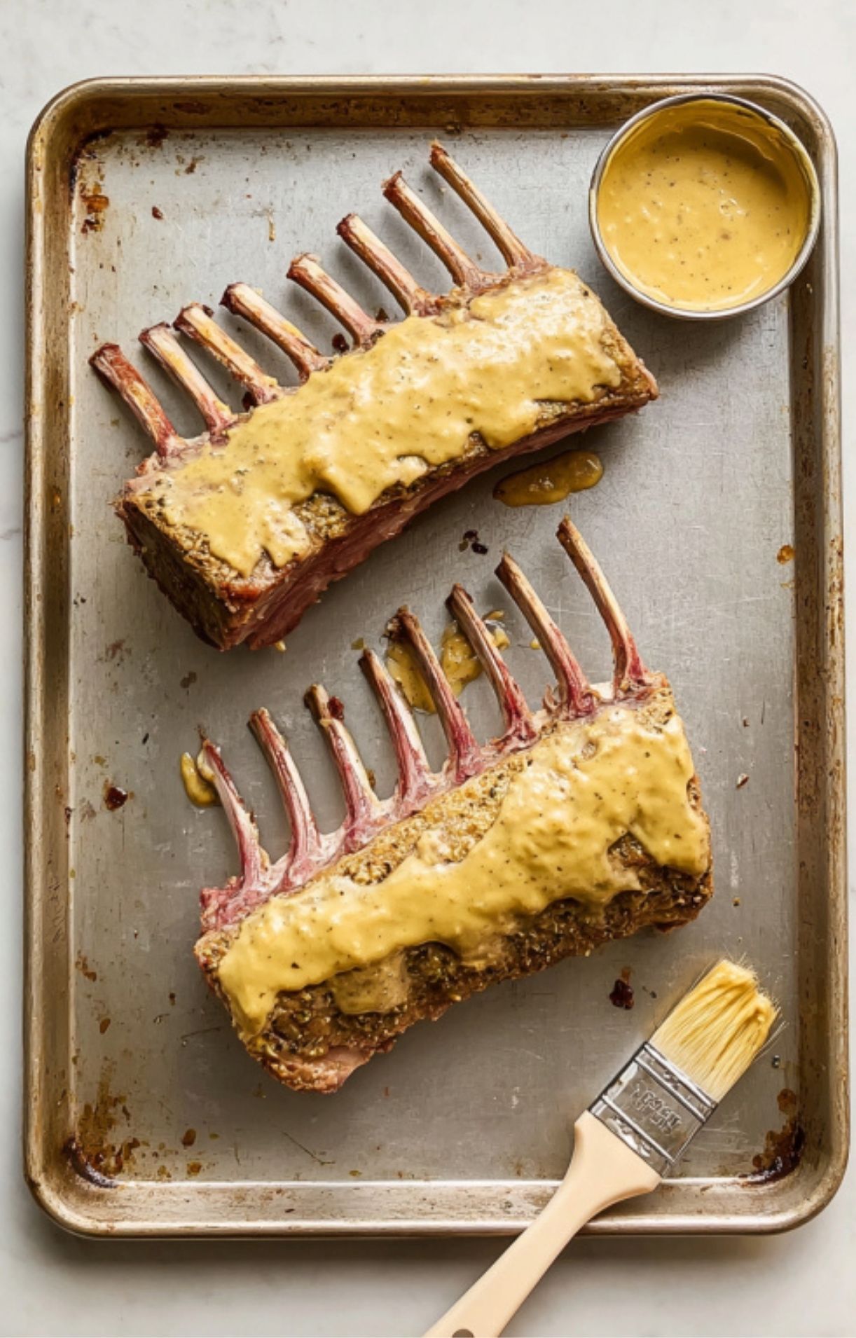 Racks of lamb brushed with Dijon mustard on baking tray, ready for herb and breadcrumb coating
