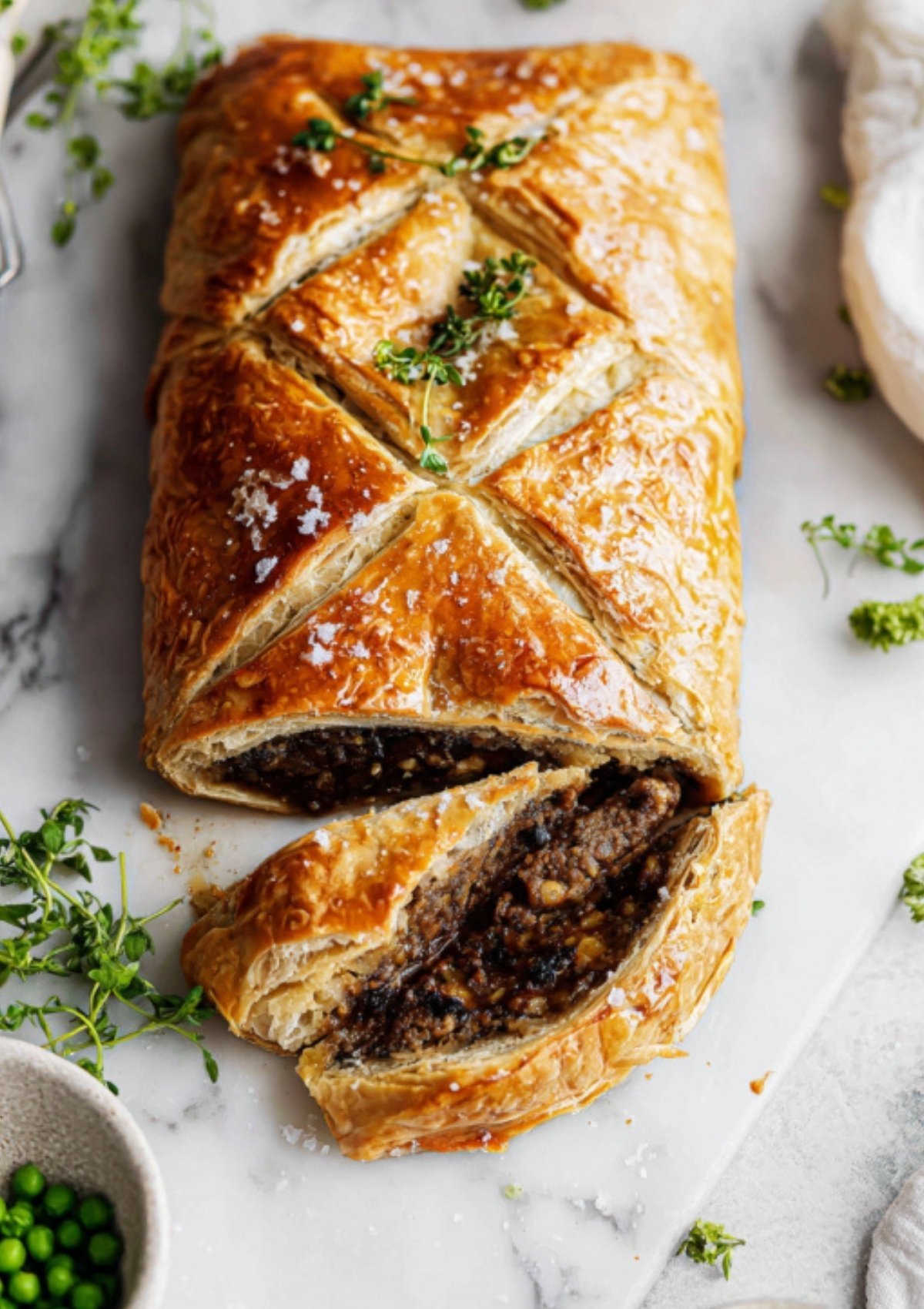 Sliced vegan beef Wellington on marble, showing golden puff pastry and hearty filling with walnuts and mushrooms. Festive vegan centerpiece for holiday celebrations.