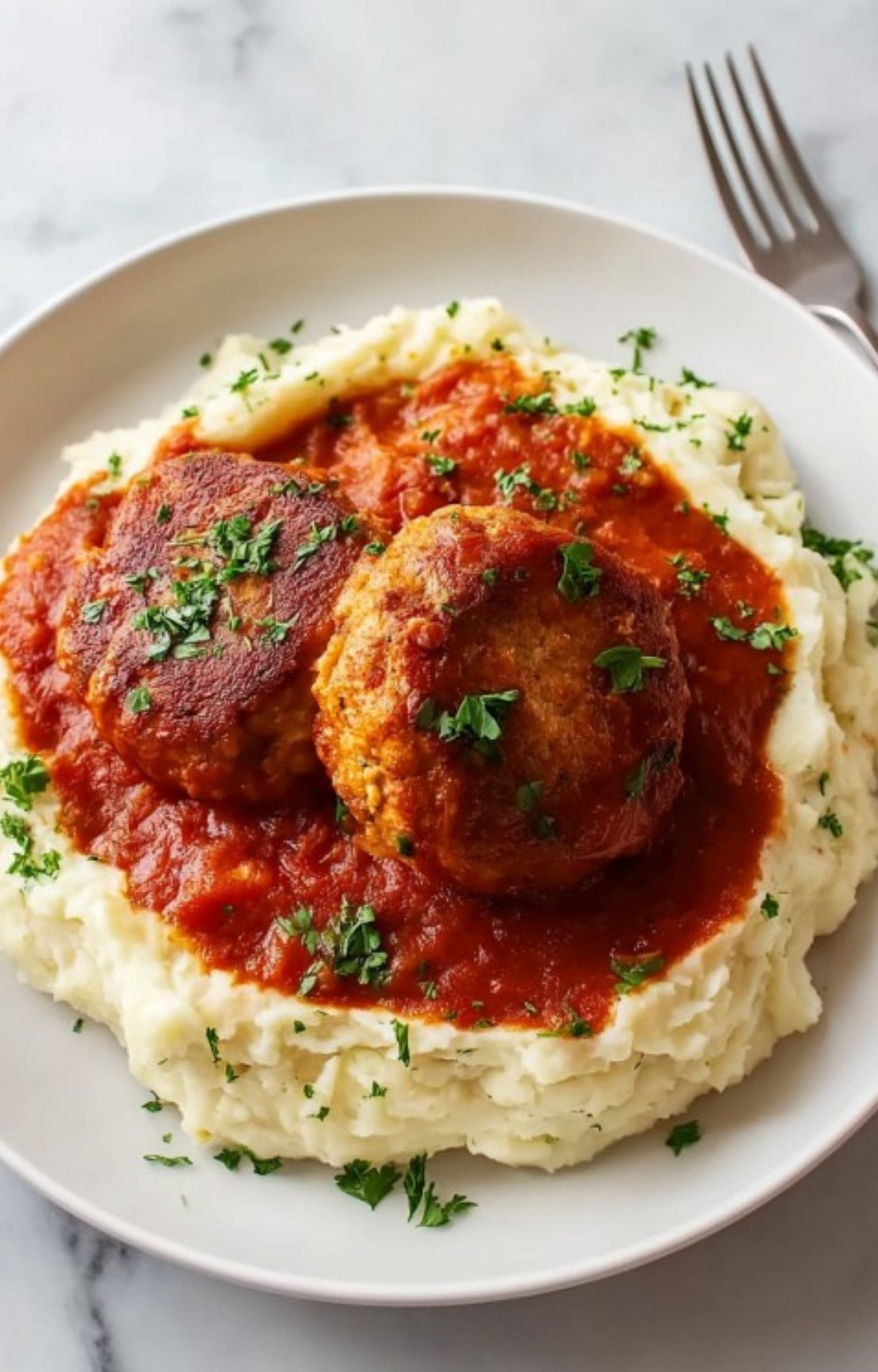 Two veal patties served over creamy mashed potatoes and covered in savory red sauce, garnished with parsley. A simple, hearty meal for weeknight comfort.