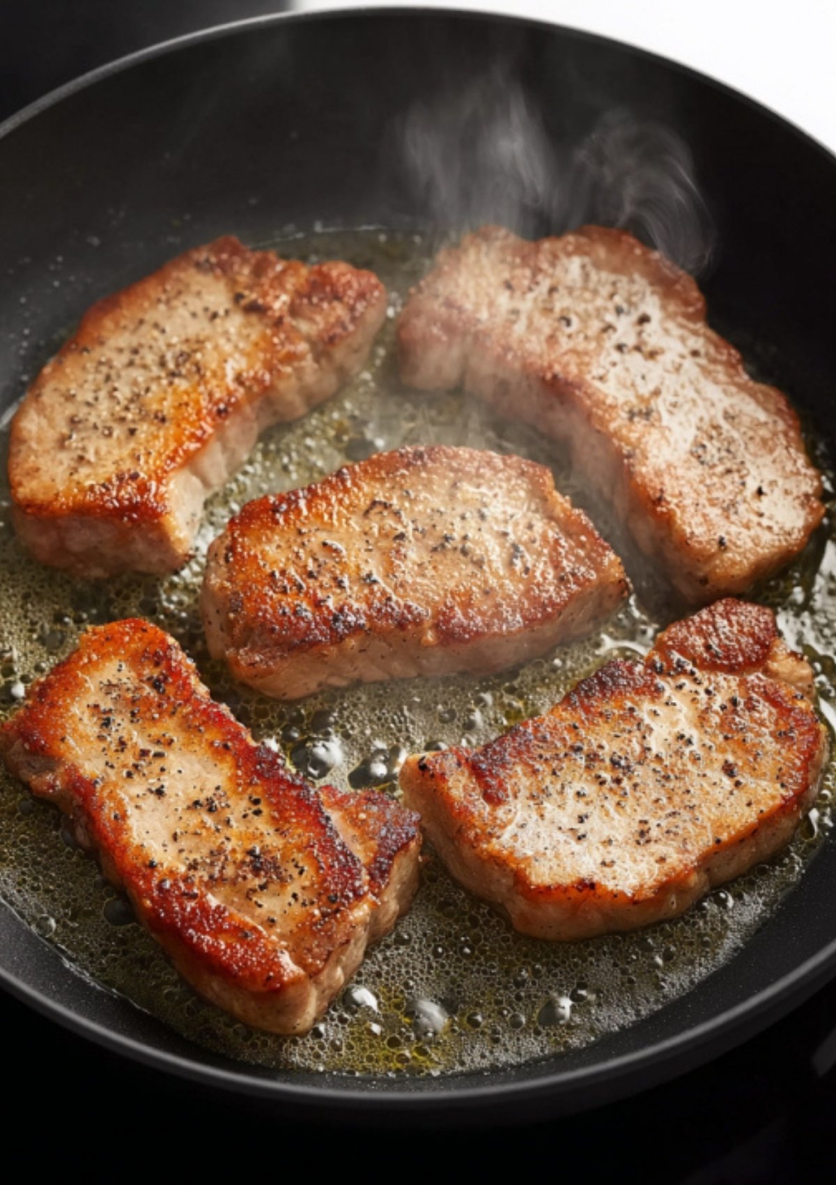 Five veal scallopini cutlets being pan-seared until golden brown in a hot skillet.