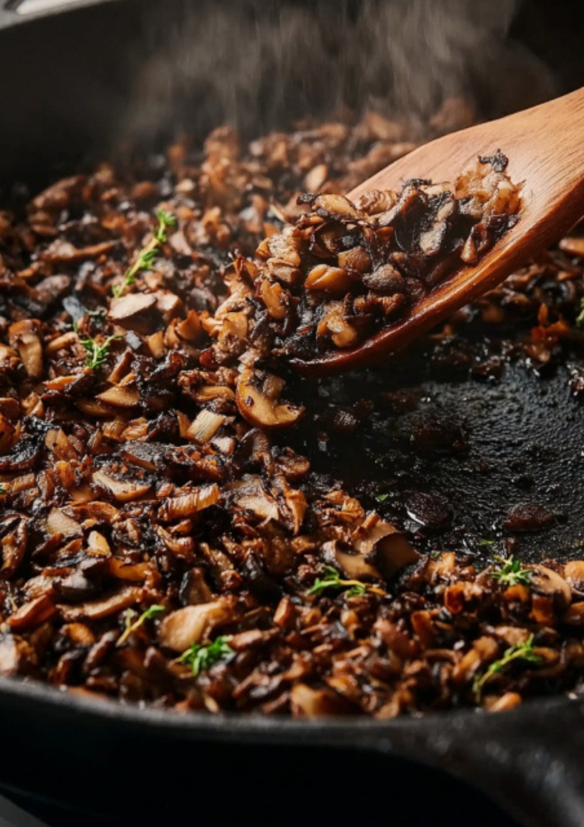 Finely chopped mushrooms and shallots cooking in a skillet, creating a savory duxelles filling for classic Beef Wellington, perfect for Christmas or special occasion dinners.