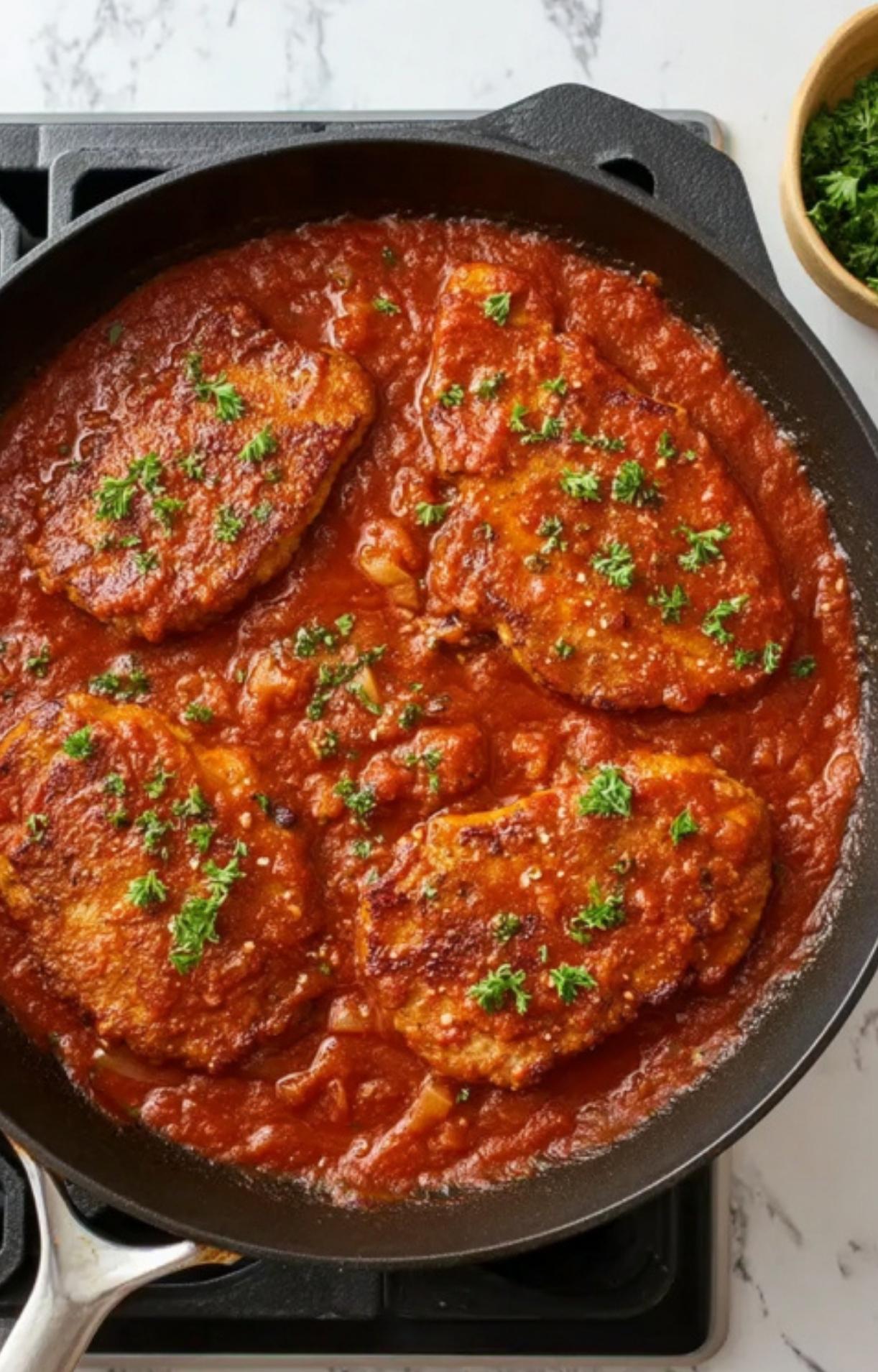 Skillet filled with golden veal scallopini simmered in homemade tomato sauce, topped with fresh parsley. The perfect cozy dinner for Italian food lovers.