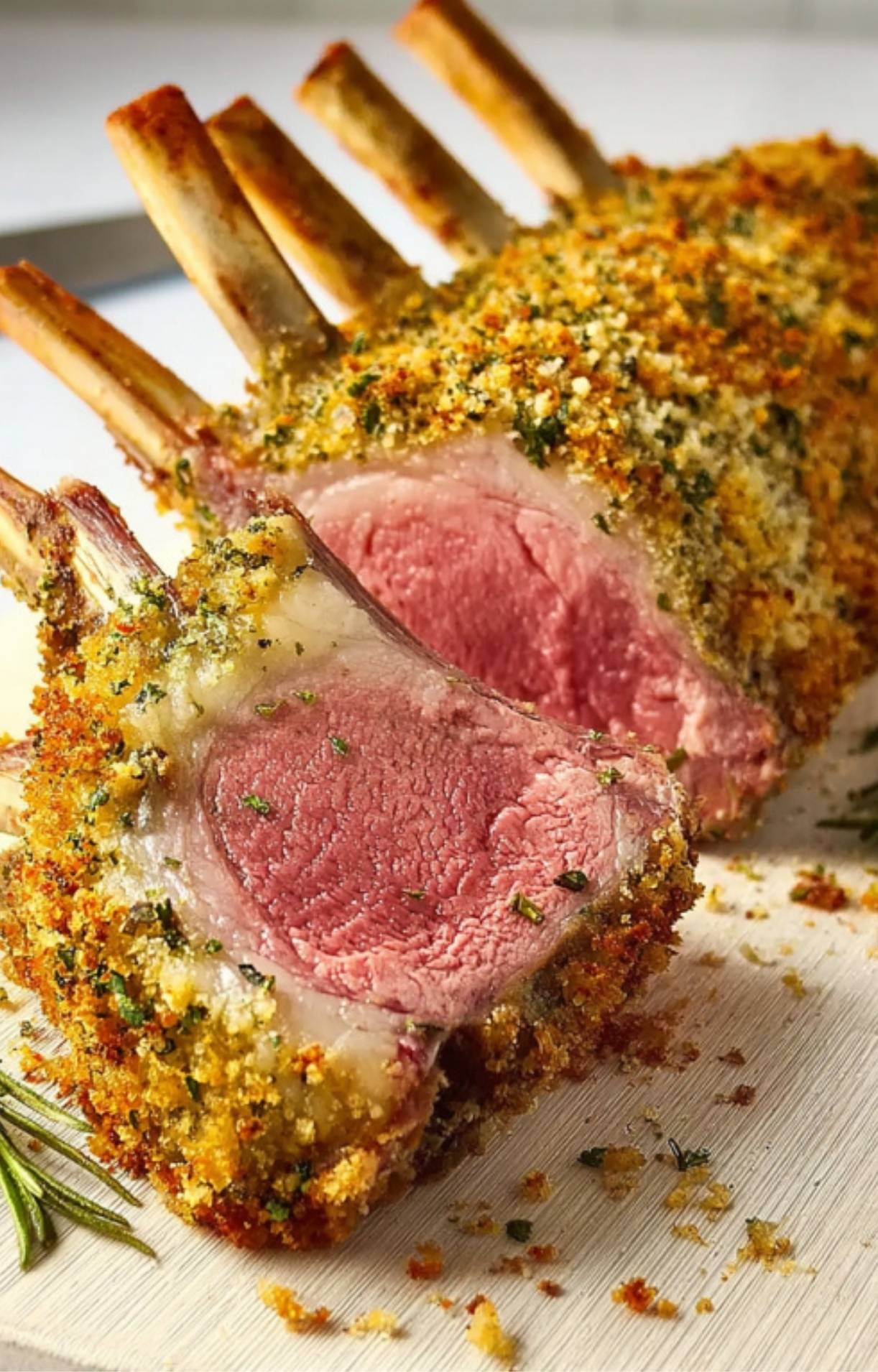Sliced herb crusted rack of lamb with golden breadcrumb crust, juicy pink center, and fresh rosemary on a cutting board