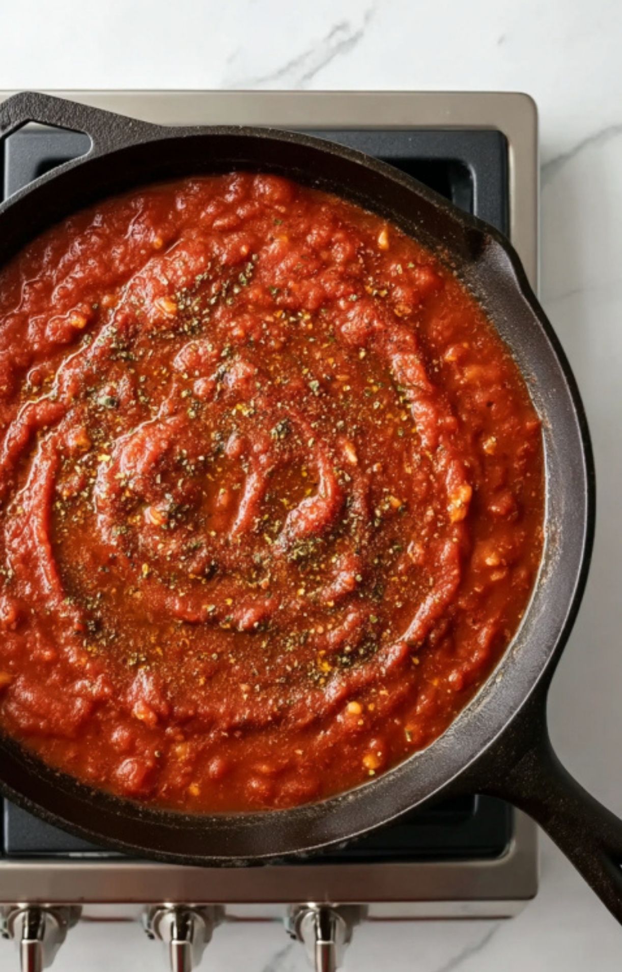Cast iron skillet filled with tomato sauce for veal scallopini, seasoned and simmering, ready for a hearty family meal.