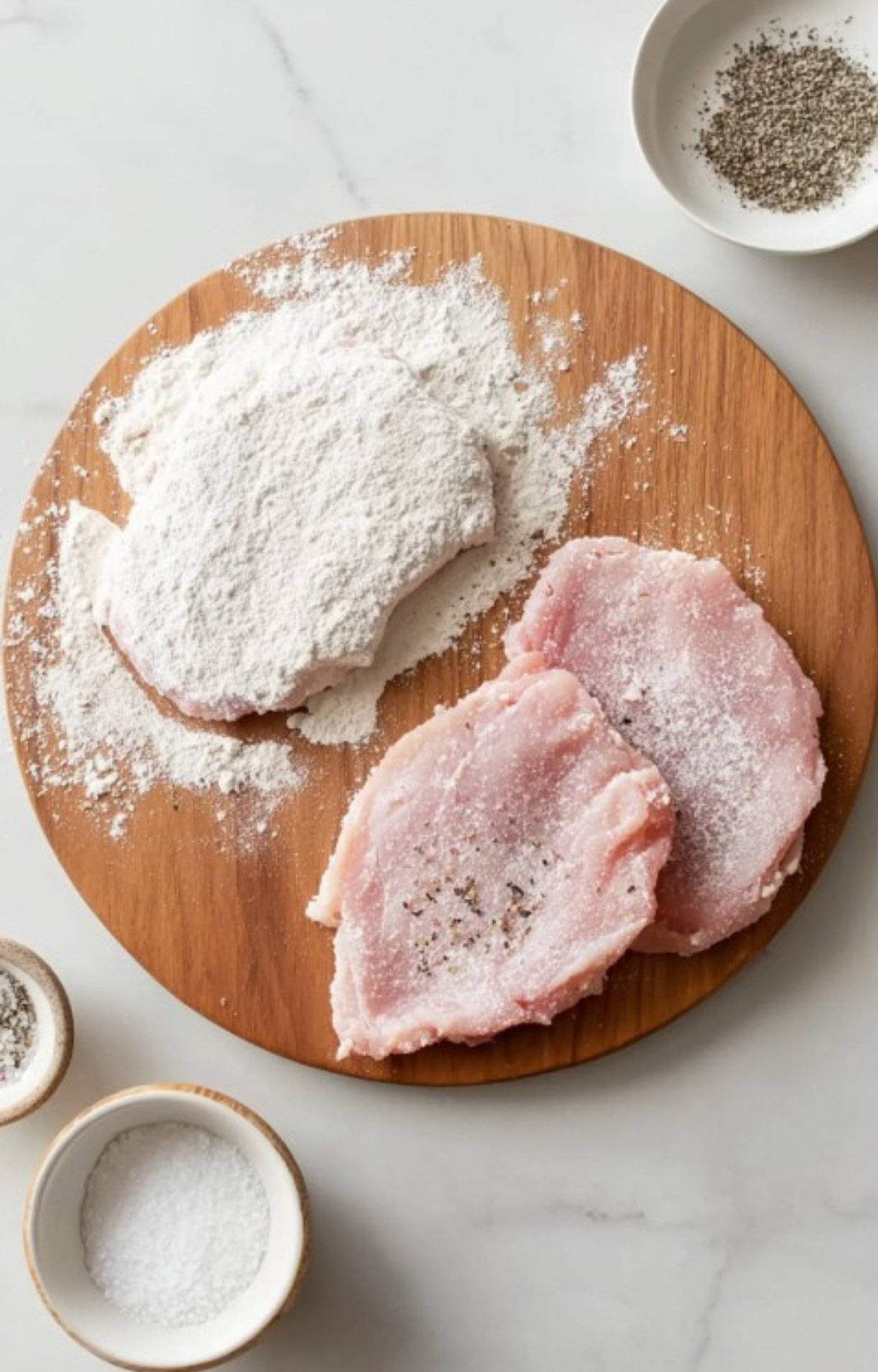 Raw veal cutlets being dredged in flour on a wooden cutting board, seasoned with salt and pepper, prepping for the perfect scallopini crust.