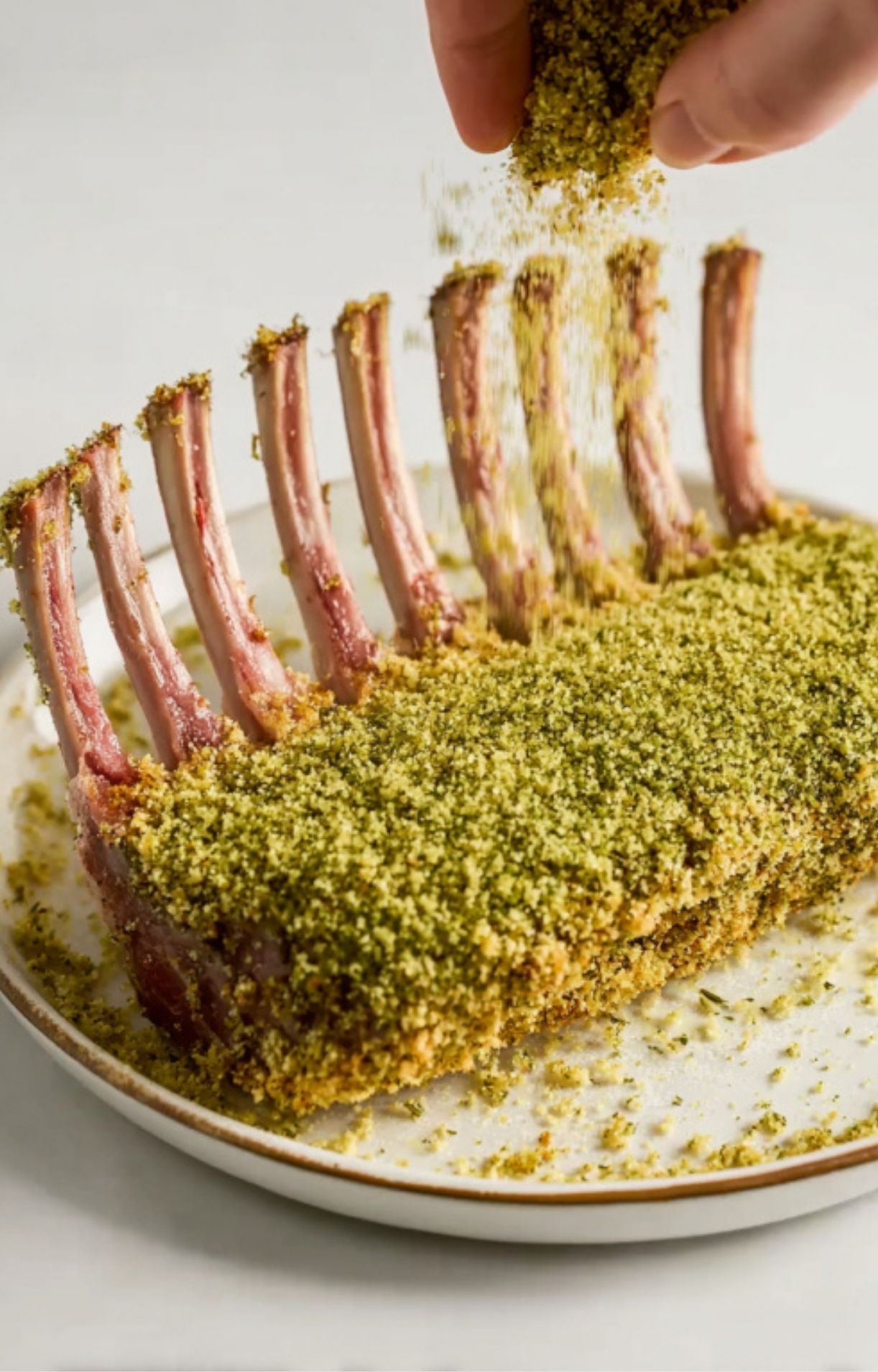 Hand pressing fresh herb and breadcrumb mixture onto rack of lamb, step before baking