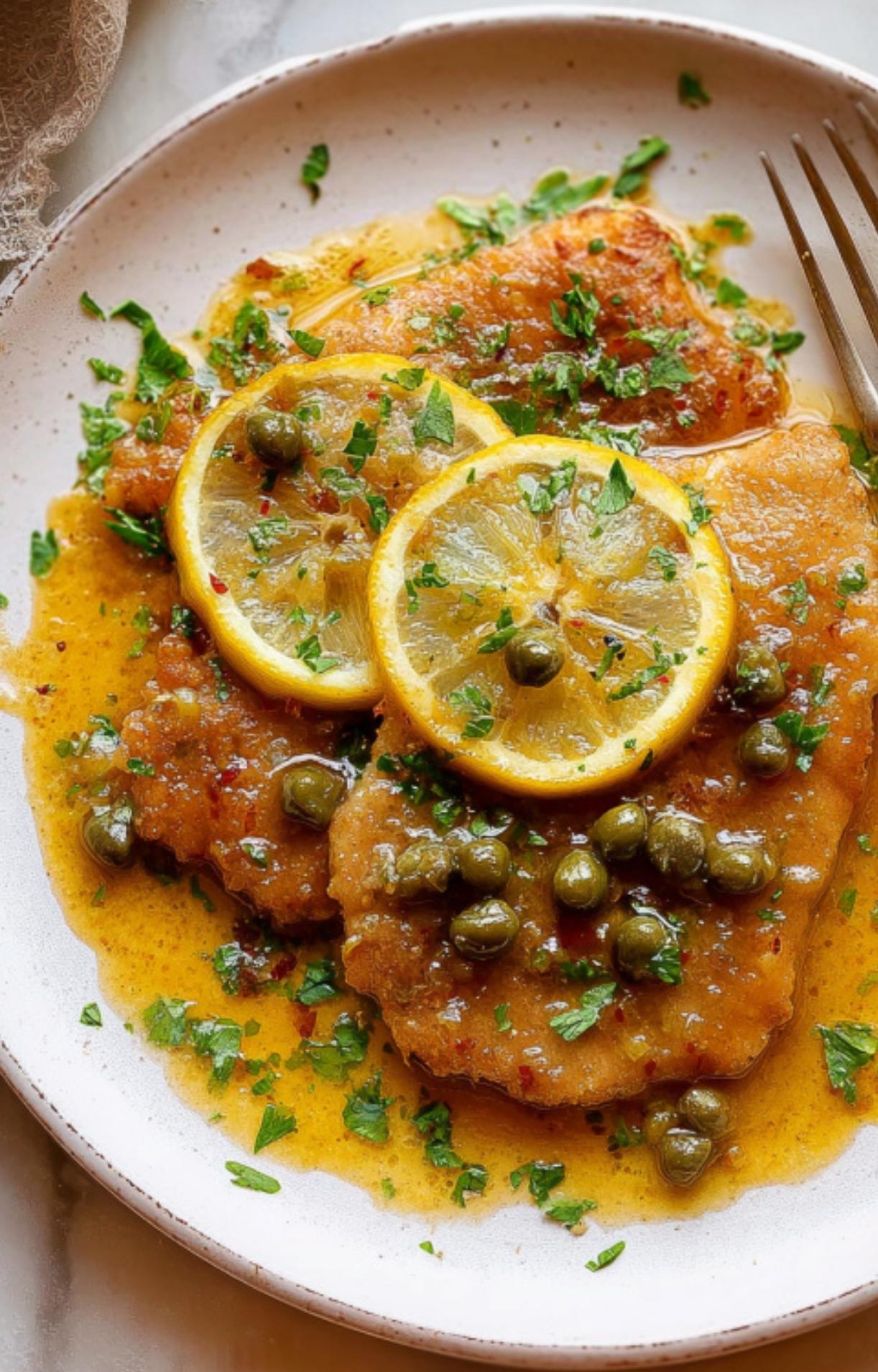 Plated veal piccata with golden cutlets, vibrant parsley, and lemon rounds. Simple comfort food for summer entertaining and special occasions.