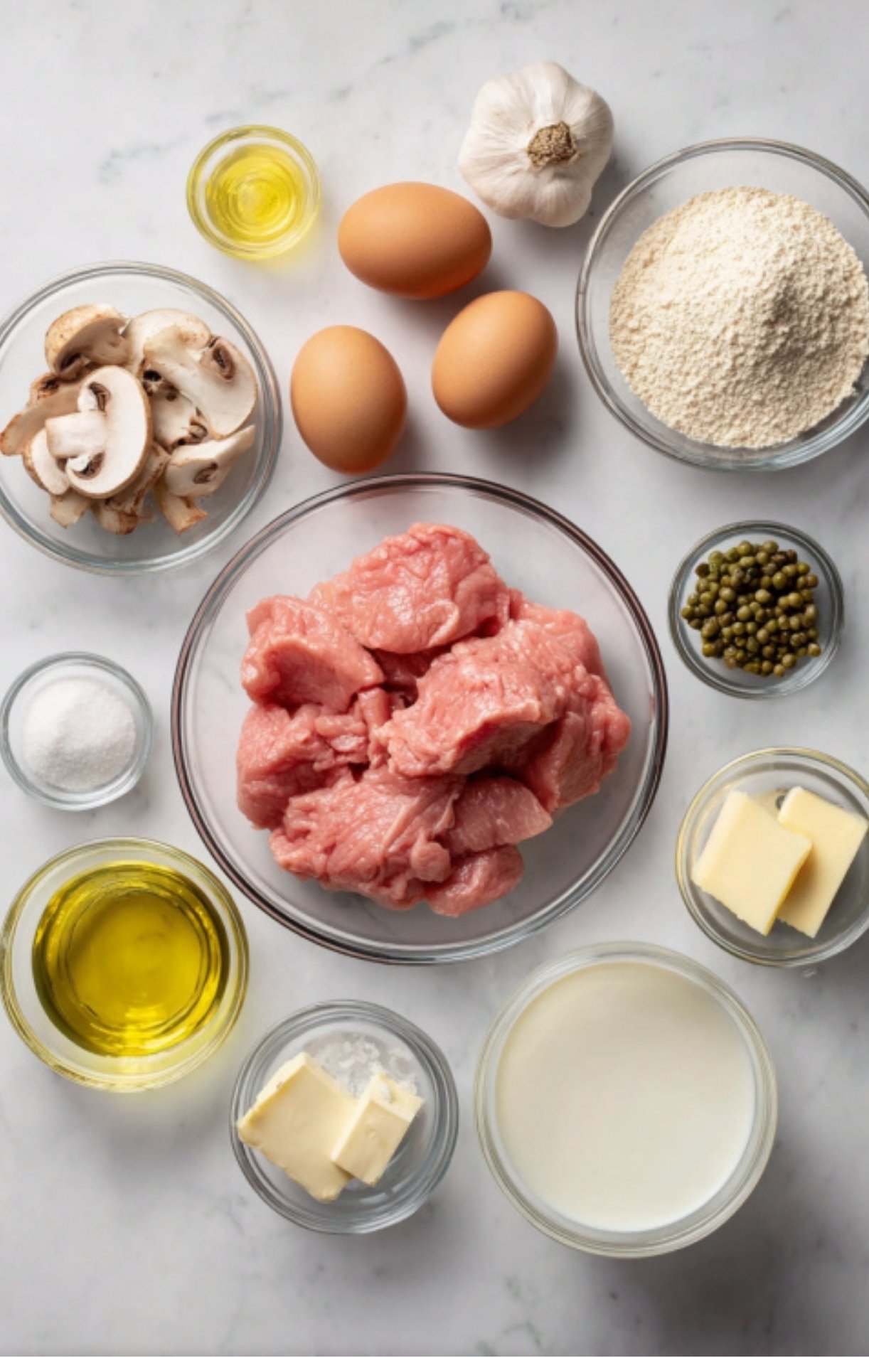 Overhead shot of classic veal scallopini ingredients: raw veal, mushrooms, eggs, flour, capers, butter, olive oil, garlic, and fresh parsley.