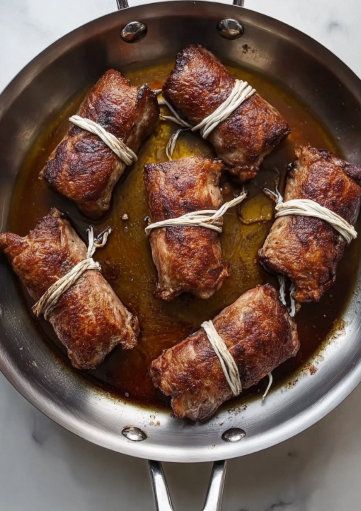 Golden-brown braciole rolls tied with string, cooking in a stainless steel skillet with olive oil.