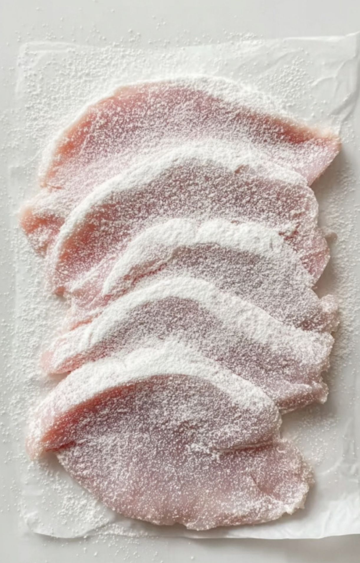 Thin veal cutlets coated with flour, ready for pan searing. This prep step creates tender, golden scallopini. Quick and simple family dinner idea for fall or cozy weeknights.