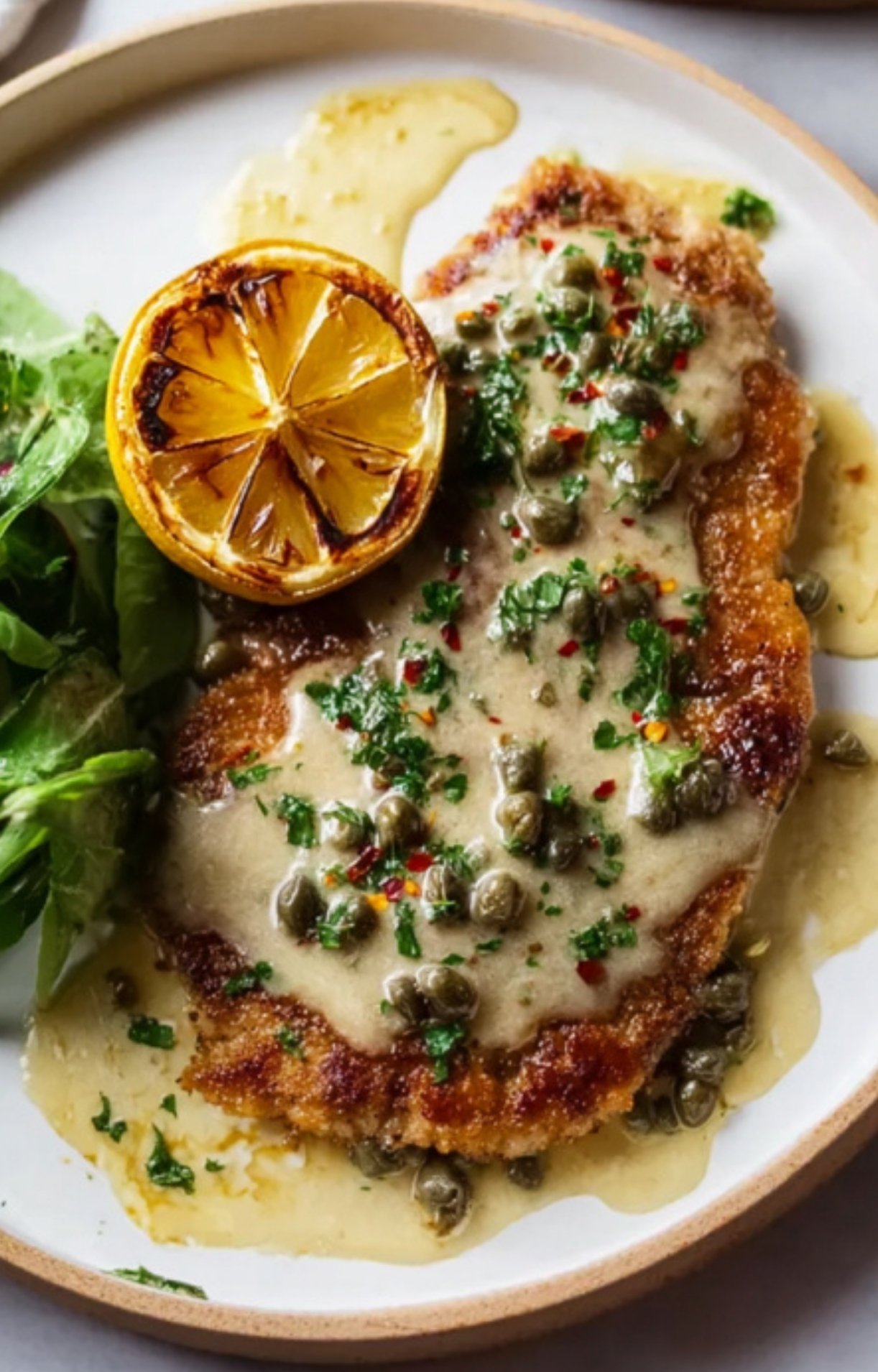 A single serving of veal scallopini on a plate with cream sauce, capers, and a side of fresh greens.
