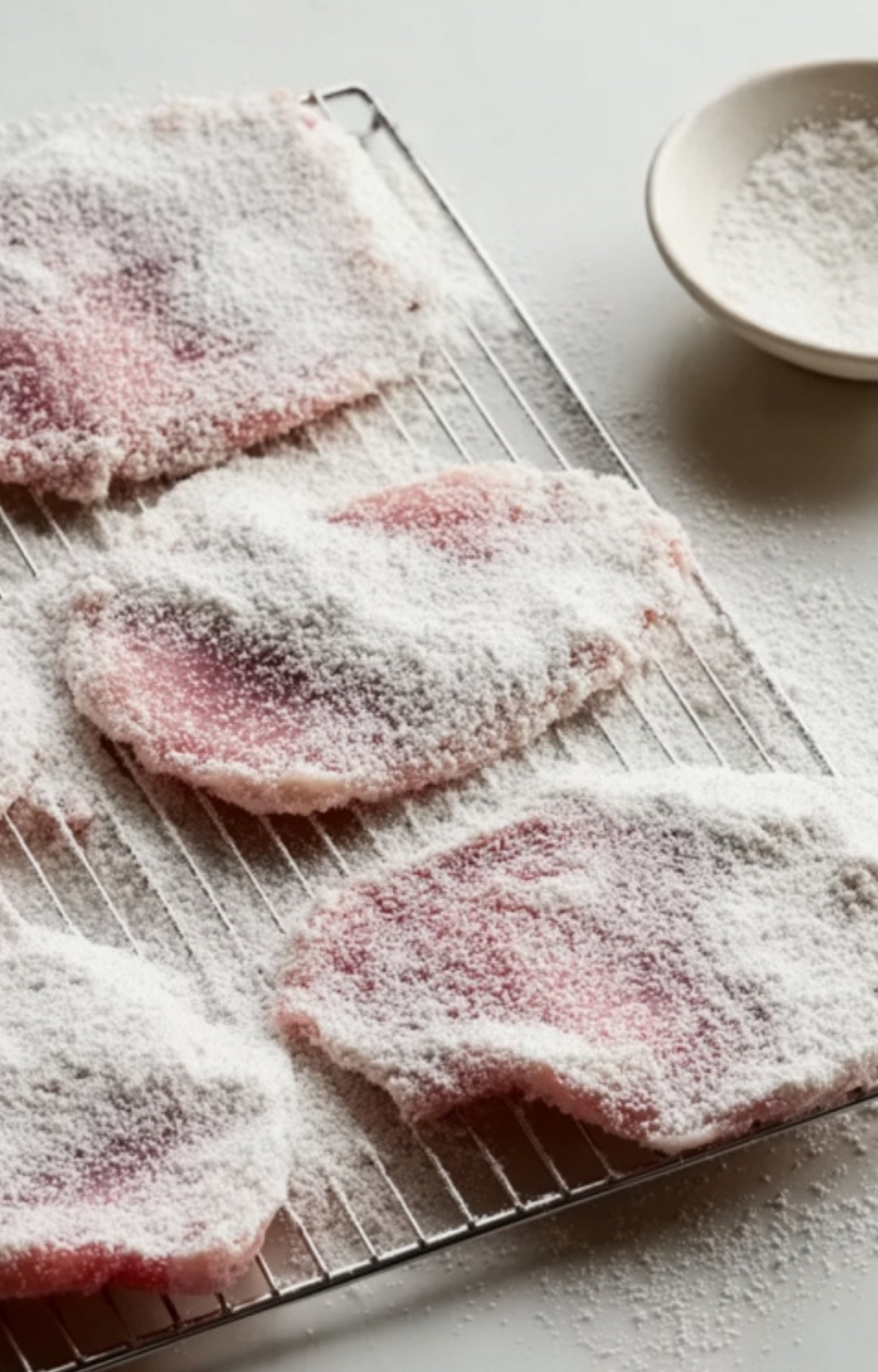 Thin veal scallopini cutlets coated in flour, arranged on a cooling rack, the perfect prep for Italian tomato sauce recipes.