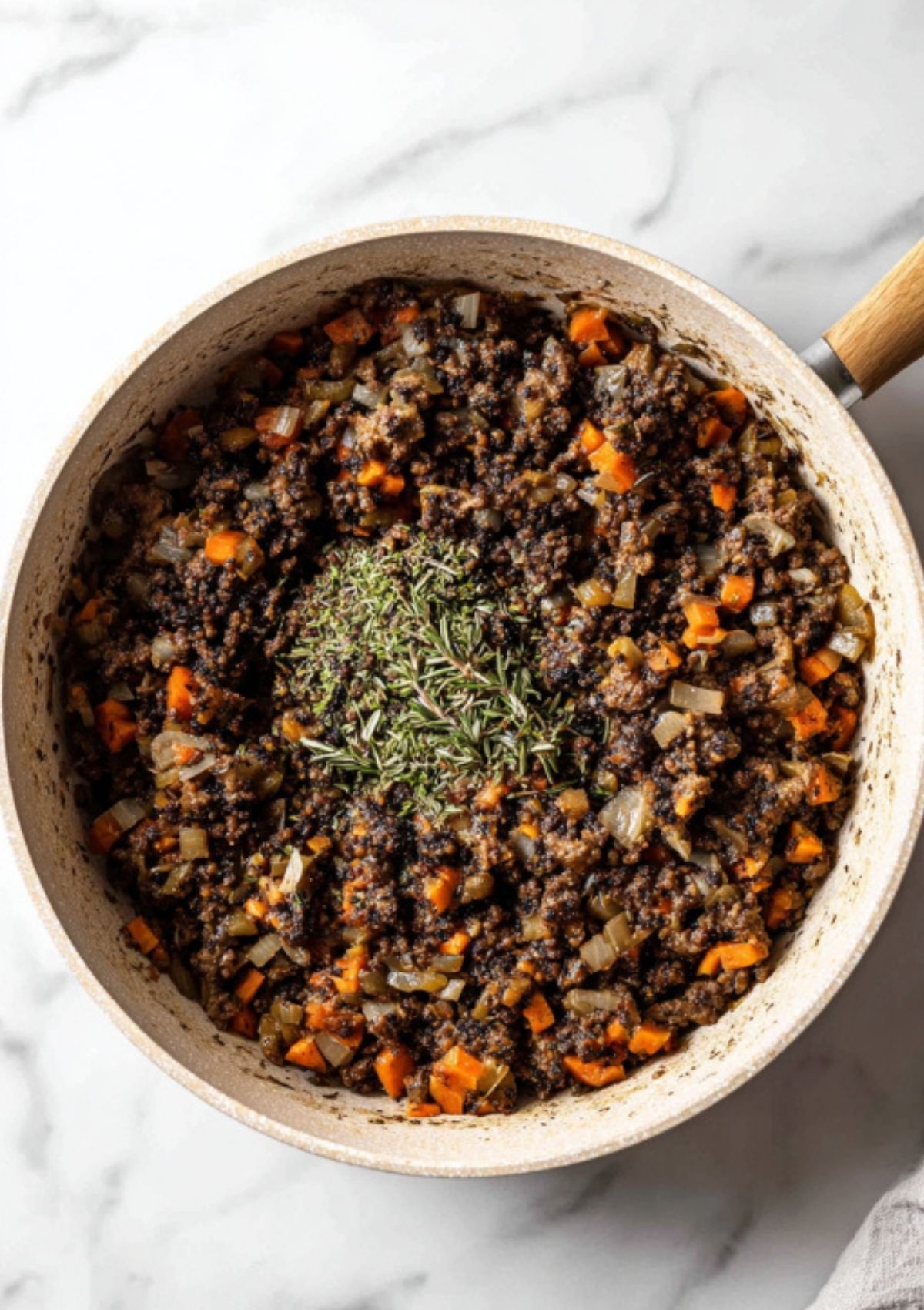 A pan filled with sautéed carrots, onions, mushrooms, and fresh rosemary for a hearty vegan Wellington filling. Step-by-step for holiday plant-based mains.
