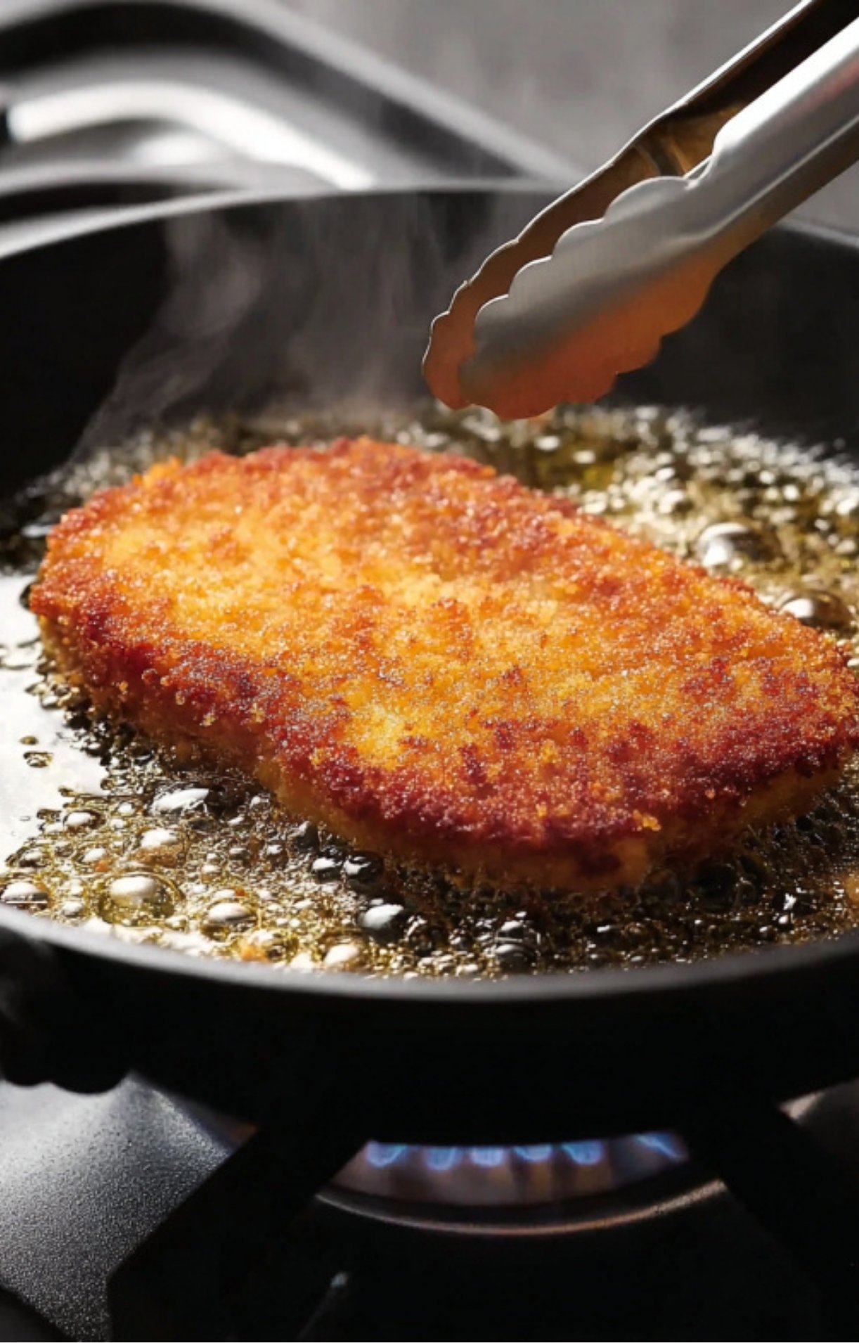 Golden breaded veal cutlet frying in hot oil in a skillet, held by metal tongs.