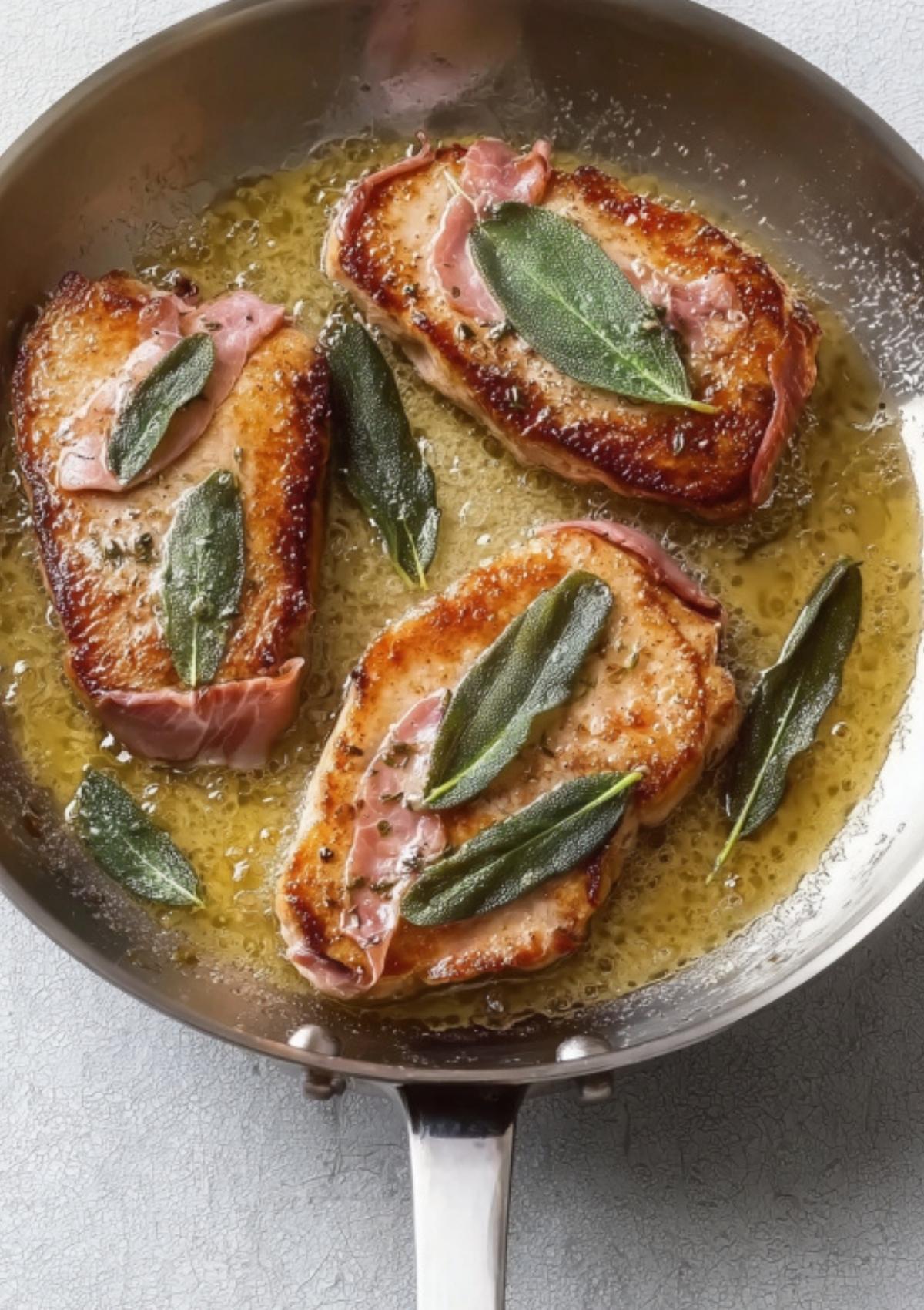 Seared veal cutlets topped with prosciutto and sage finishing in a simmering pan sauce.