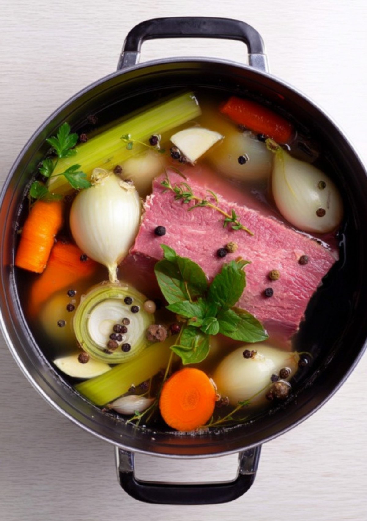 Corned beef brisket simmering in a pot with onions, carrots, celery, garlic, bay leaves, and peppercorns for rich flavor.