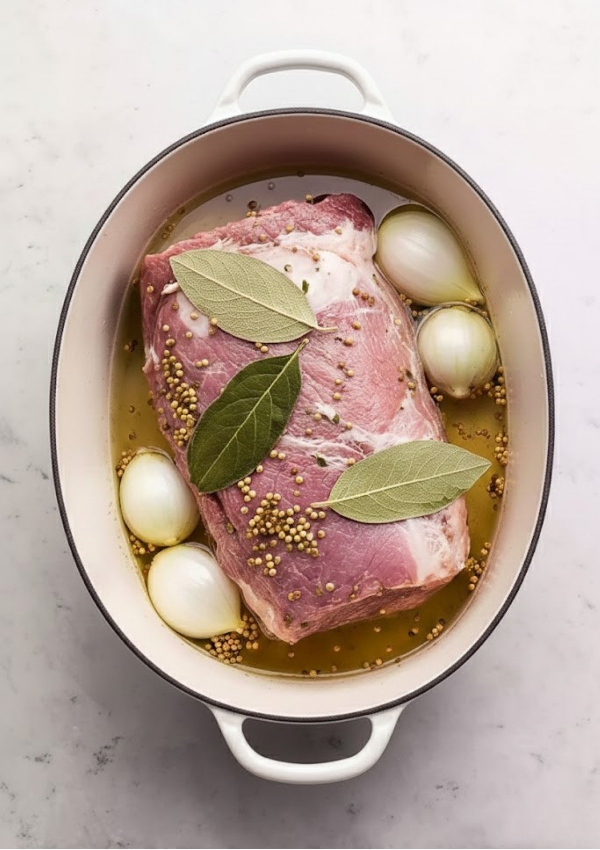 A raw corned beef brisket in a white Dutch oven, surrounded by whole onions, bay leaves, and mustard seeds, ready for slow braising.