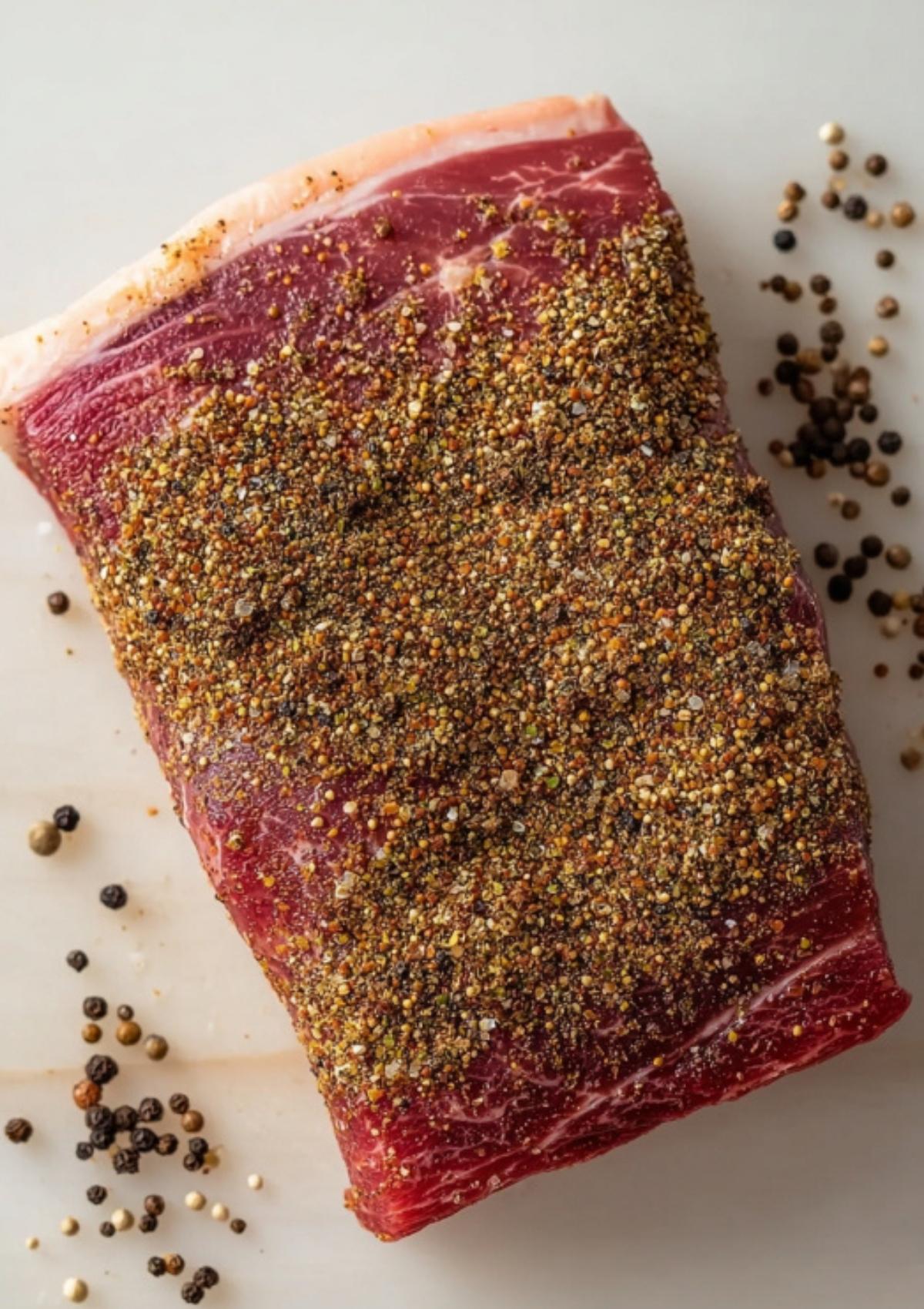 Raw corned beef brisket covered in a homemade spice rub, ready for oven roasting on a white cutting board.