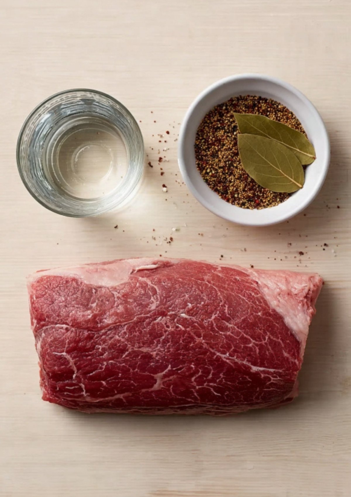 Raw flat cut corned beef brisket, bay leaves, pickling spices, and a glass of water laid out for preparation. Simple ingredients for an easy oven baked beef dinner.