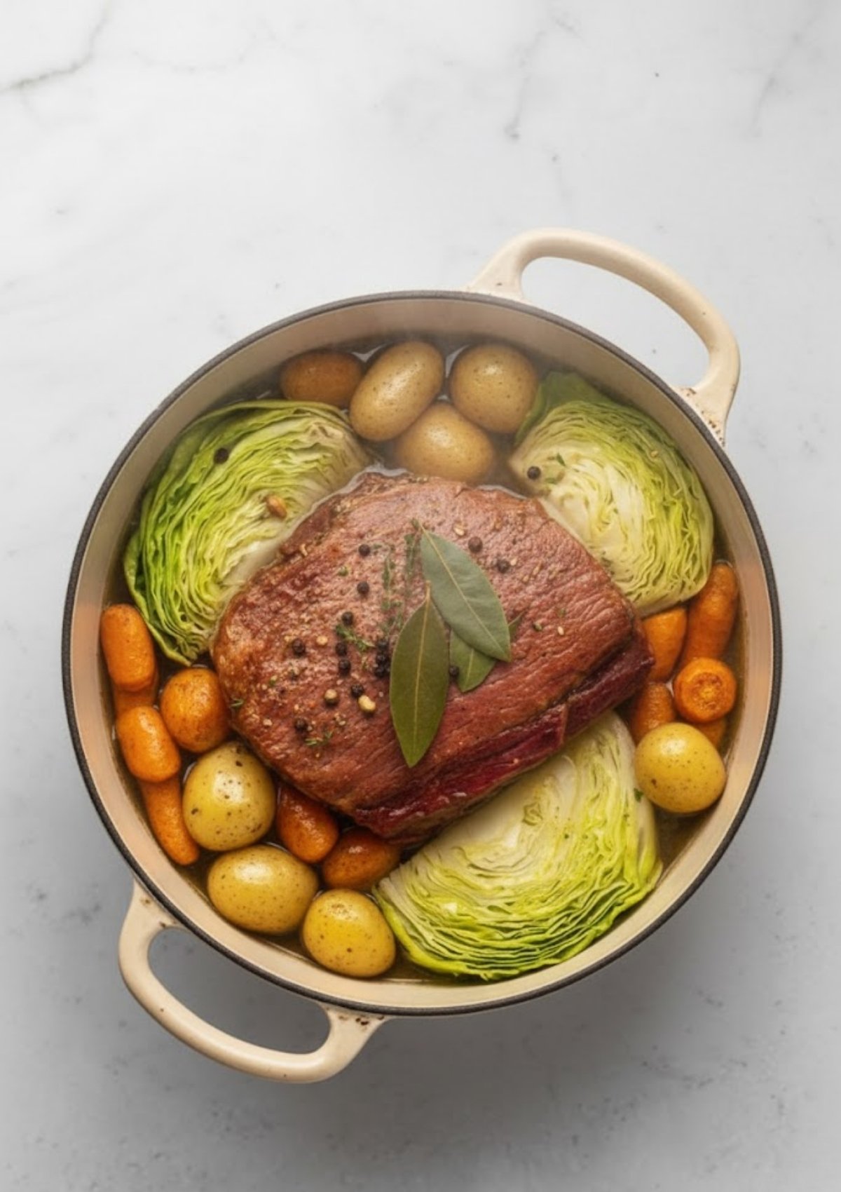 Dutch oven packed with corned beef, potatoes, carrots, and green cabbage wedges, simmering for a cozy St. Patrick’s Day feast.