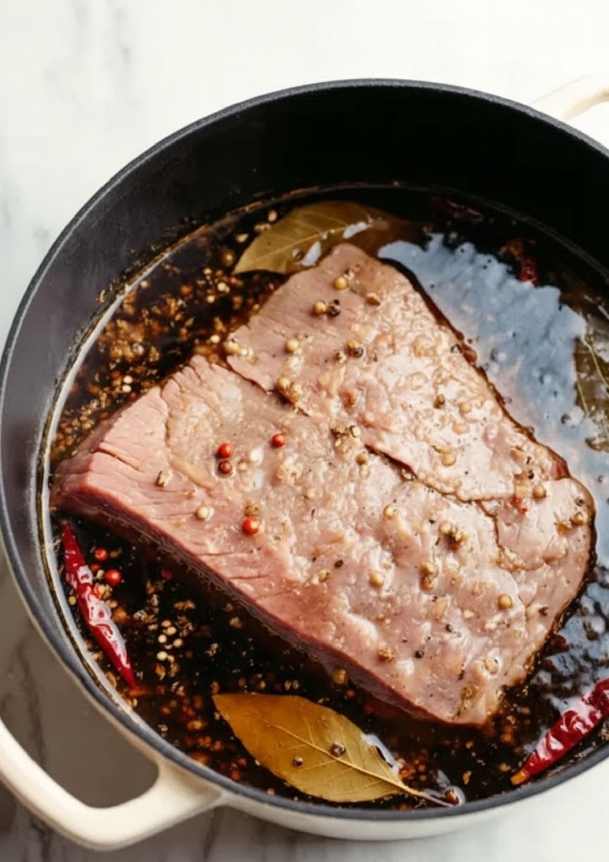 Corned beef brisket simmering in a Dutch oven with bay leaves and pickling spices for tender, flavorful meat.