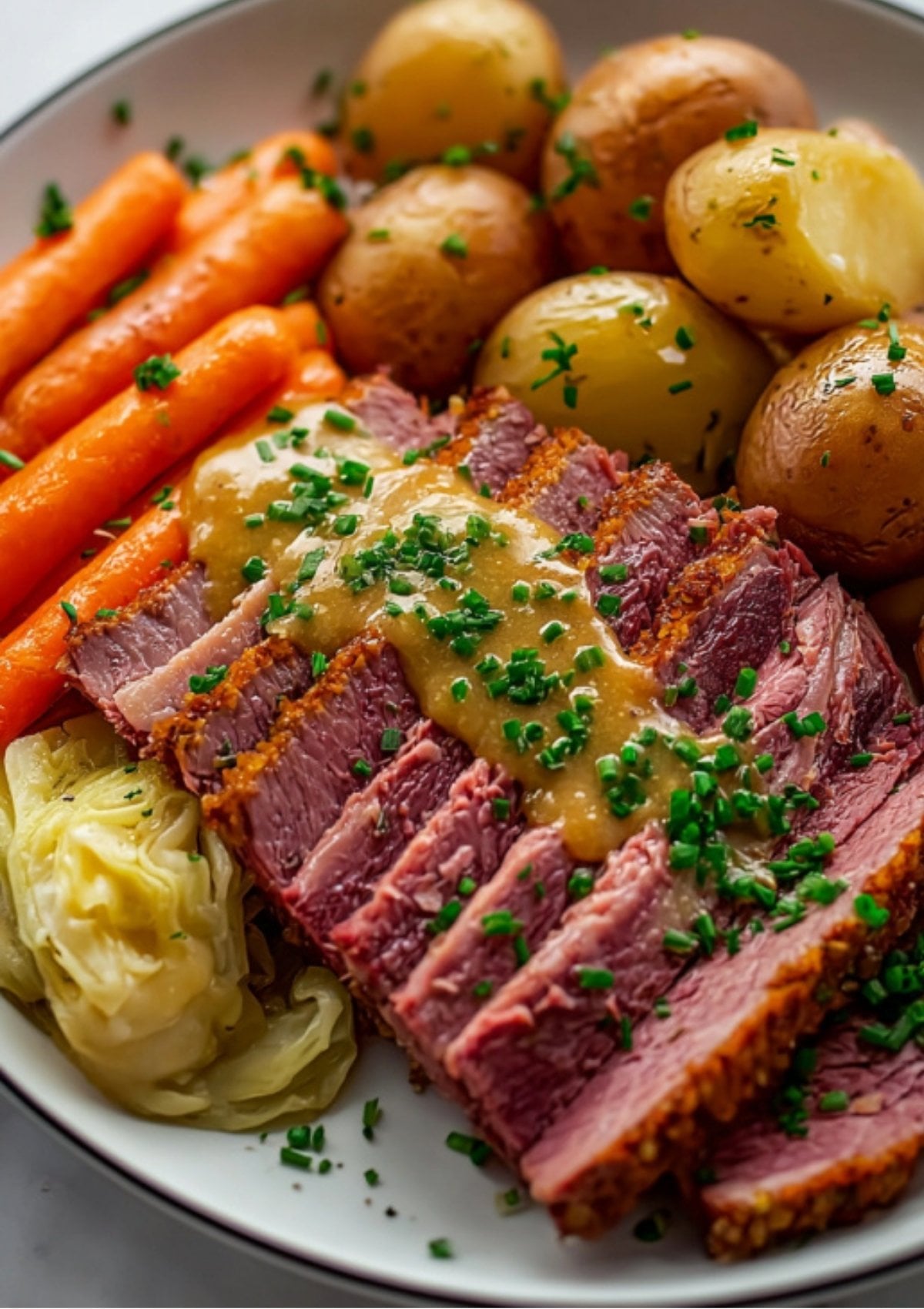 Plate of slow cooker corned beef and cabbage, topped with creamy mustard sauce, served with carrots and potatoes. Ideal for St. Patrick’s Day celebrations and holiday gatherings.
